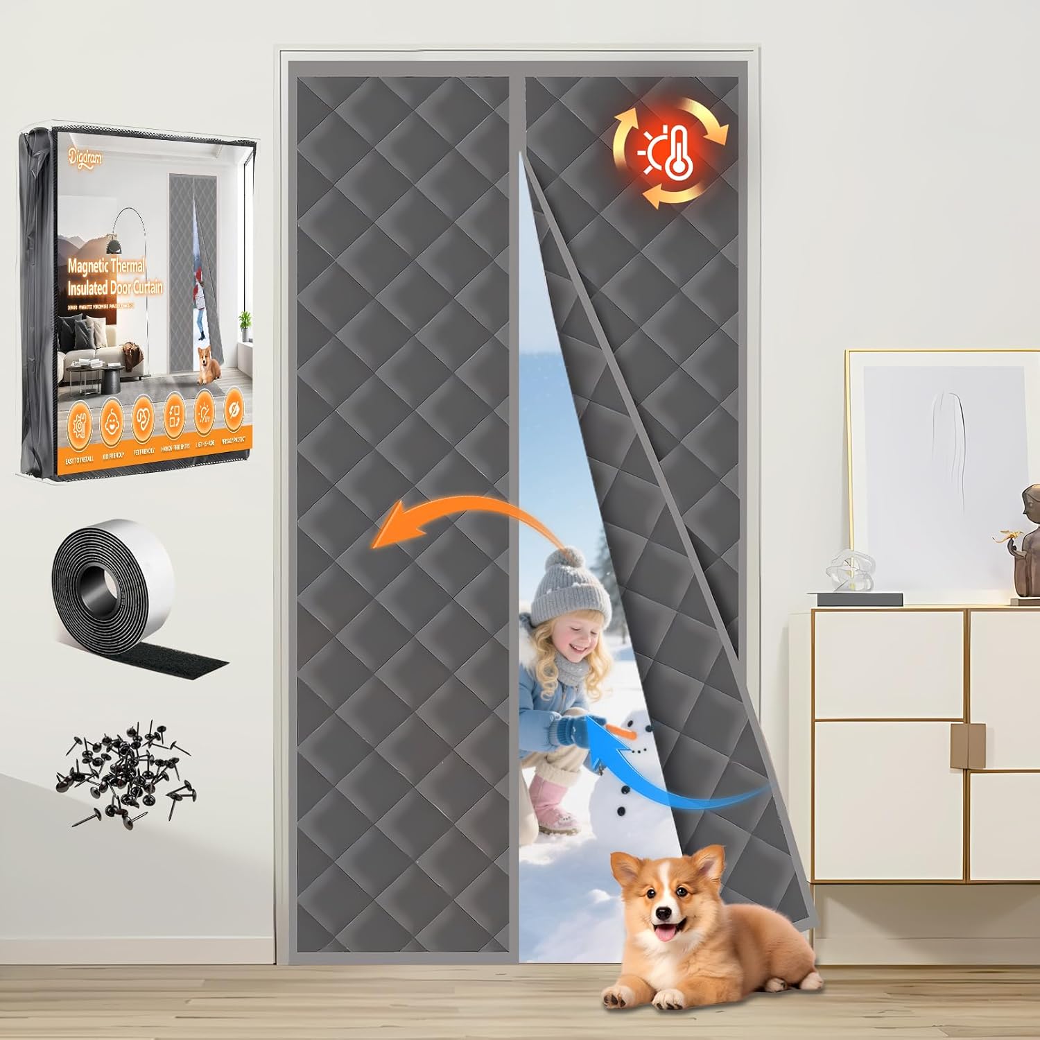 Magnetic Thermal Insulated Door Fits Door Size 36" x 80" Curtain Fit,Thicken Polyester Fiberfill & Thicker Oxford Fabric,Thicken Cotton Doorway Cover,Window Insulation Kit for Winter Fit Door:36*80 Screen:39*82 Gray