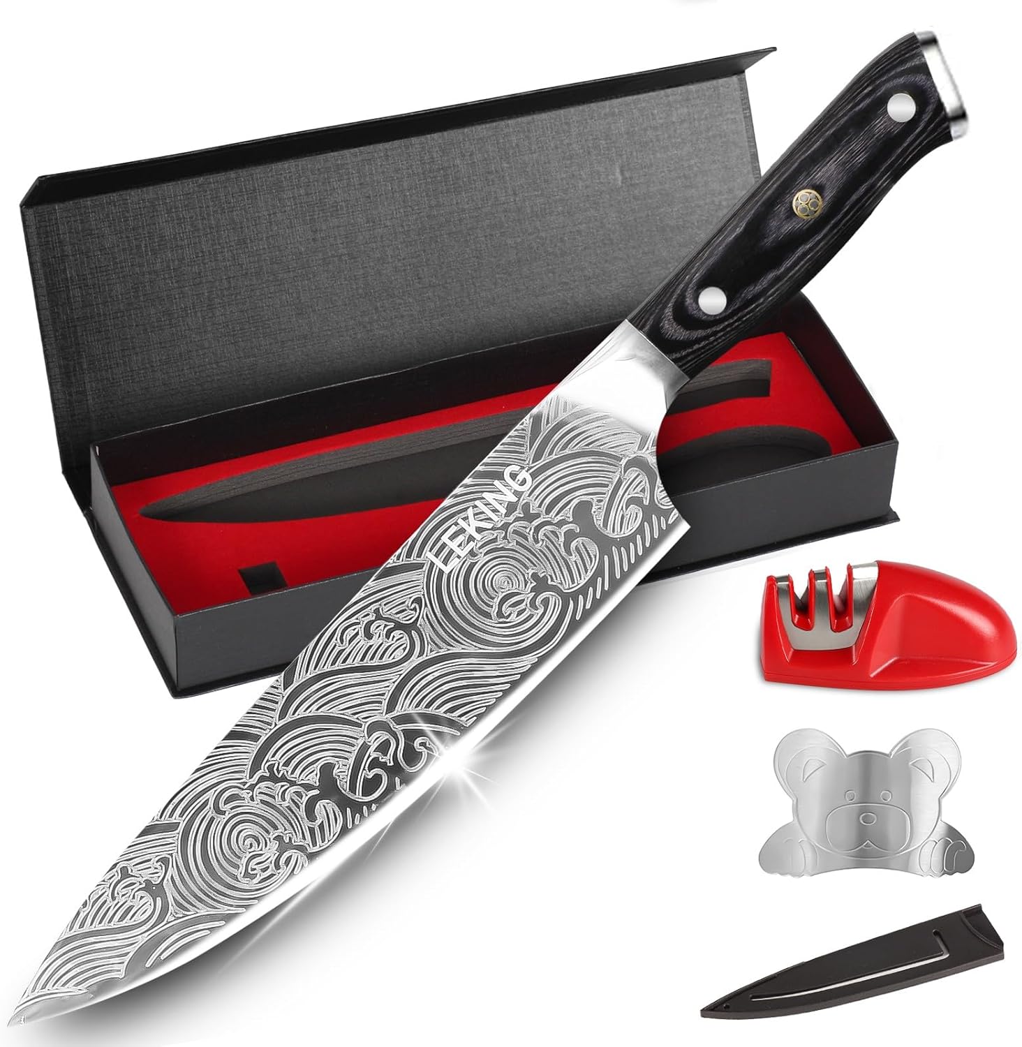 Leking 8 Inch Chef Knife, Kitchen Knife with Sharpener and Finger Guard, Professional High Carbon Stainless Steel Sharp Chef's Knife Set with Ergonomic Handle in Premium Gift Box - Image 8