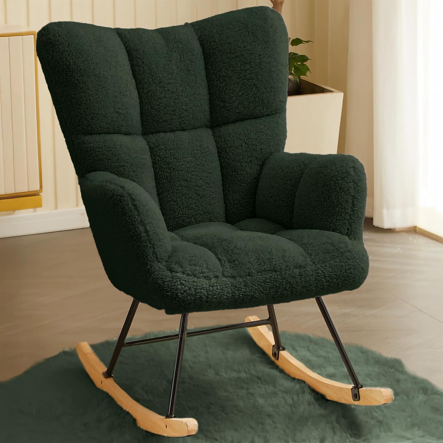 Hawthyhome Schaukelstuhl Relaxstuhl Sessel Stuhl Wohnzimmersessel, Schaukelsessel Gepolsterter Schwingsessel bis 136 kg belastbar Dunkelgrüne Lounge Chair fürs Wohnzimmer Schlafzimmer Balkon