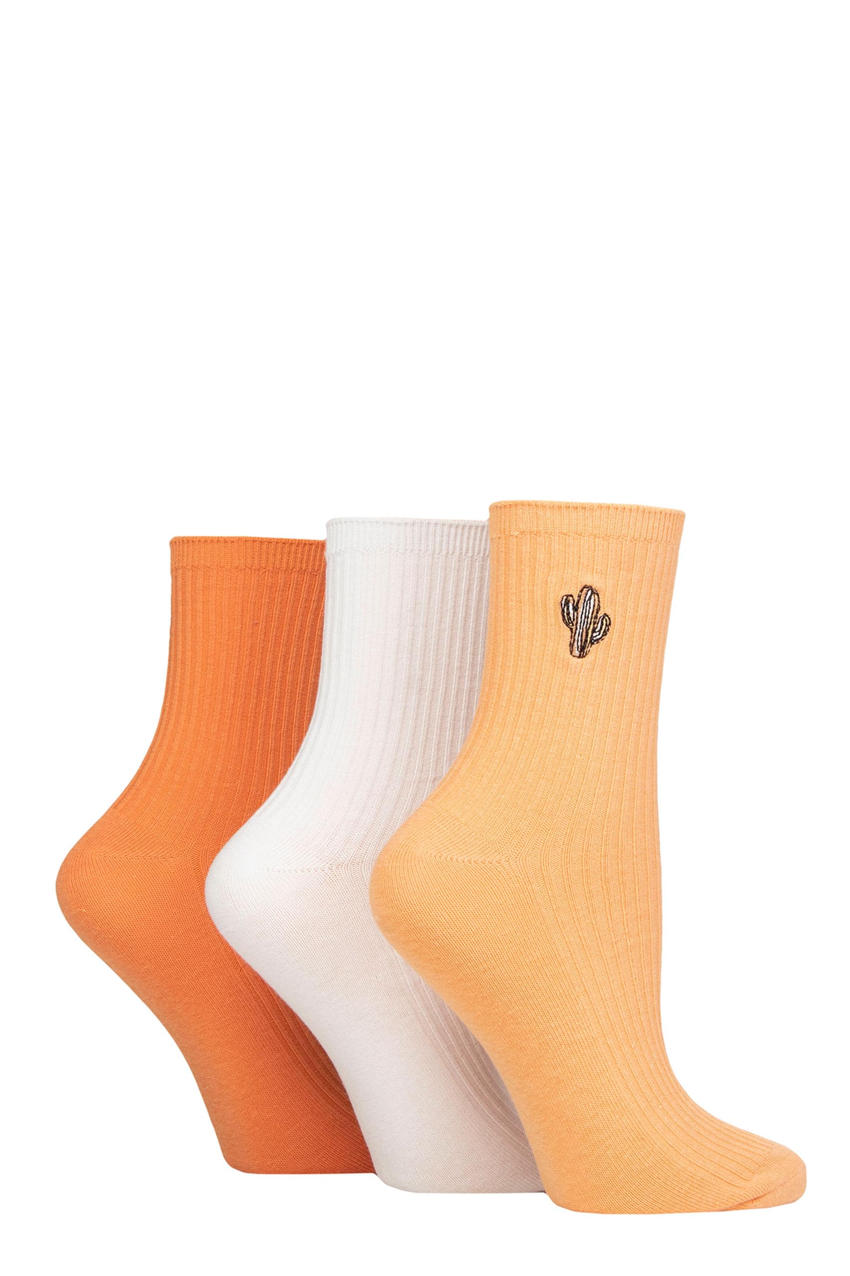SockShop Wildfeet Ladies Embroidered Socks - Ribbed Cotton Socks in a Multipack of 3 Pairs Size 4-8 for Casual Everyday Wear (4-8, Orange Cactus)