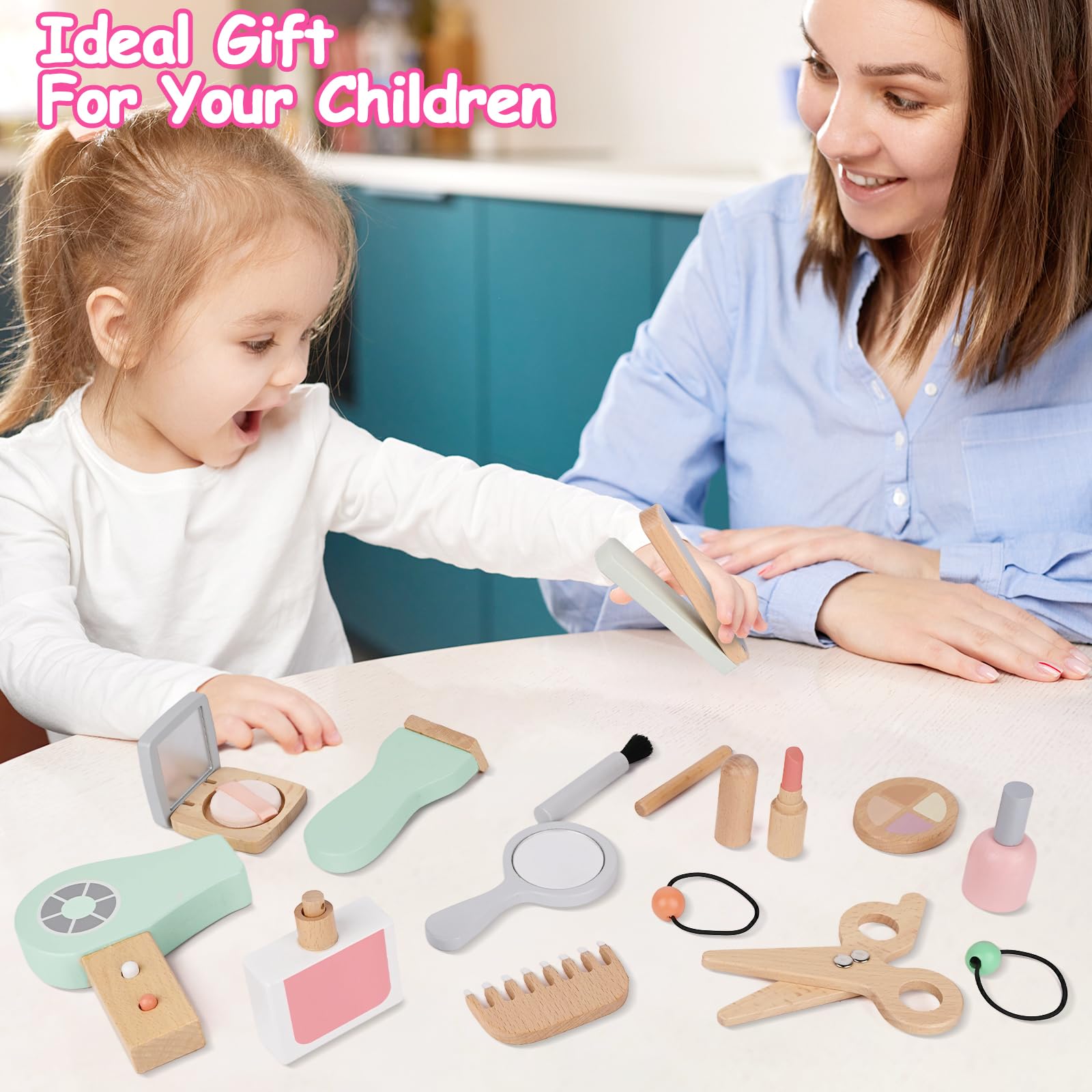 Gerbala Faux Maquillage Enfant Fille en Bois, Kit Beauté Bois, Malette Faux Maquillage, Accessoires Coiffeuse Fille, Coffre à Jouets Coiffure, Cadeau d'anniversaire de Noël pour 3 4 5 6 7 8 Filles
