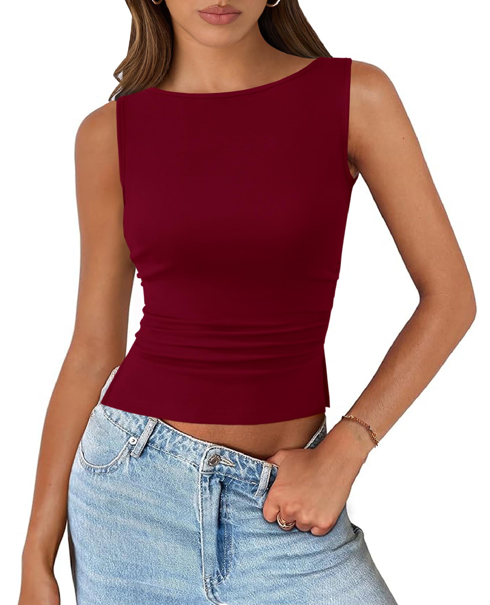 PRETTYGARDEN Women Going Out Tops Summer 2025 Cute Split Hem Ruched Sleeveless Shirt Spring Fashion Y2K Ribbed Tank Top