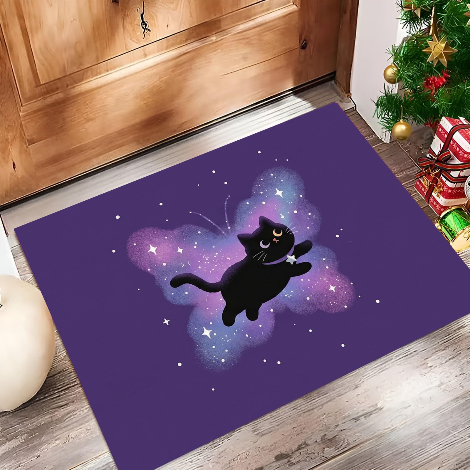 Felpudo de Entrada 90x150cm, Alfombra Misterioso Gato Espacial Atrapapolvo Alfombra Mariposa Gato Negro Antideslizante Lavable, Alfombrilla con Microfibras Suaves para Puerta, Pasillo, Morado Intenso