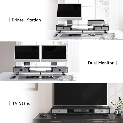 Miniatura 7 de Fenge Soporte de monitor doble con 2 cajones, elevador grande de computadora de 42.5 pulgadas para escritorio, estante de escritorio de altura
