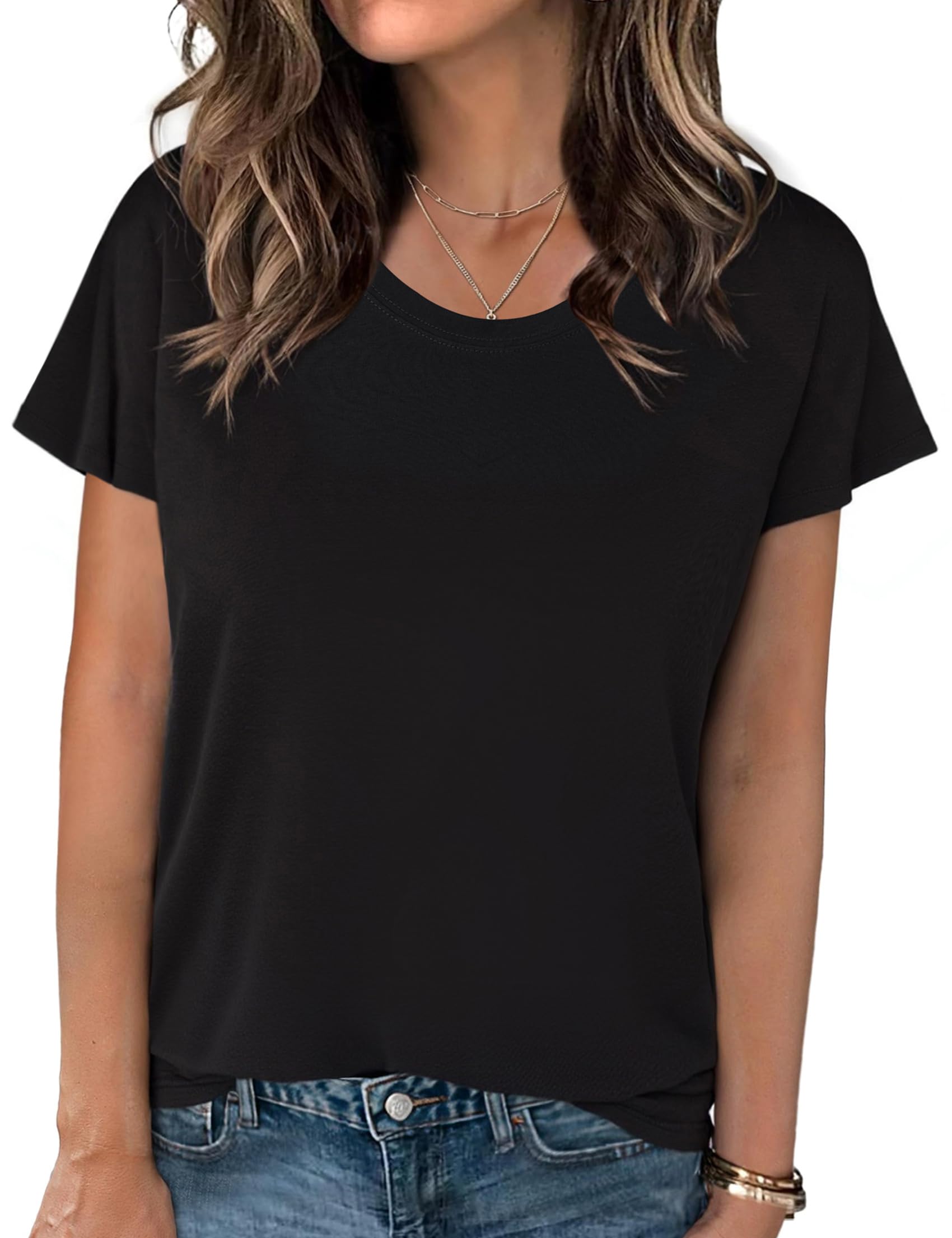 Crewhpo T Shirt Damen Kurzarm Einfarbige Shirts Sommer Basic Shirt Kurzärmeliges Casual Top Stretch Baumwolle Oberteile Lockeres Elegant