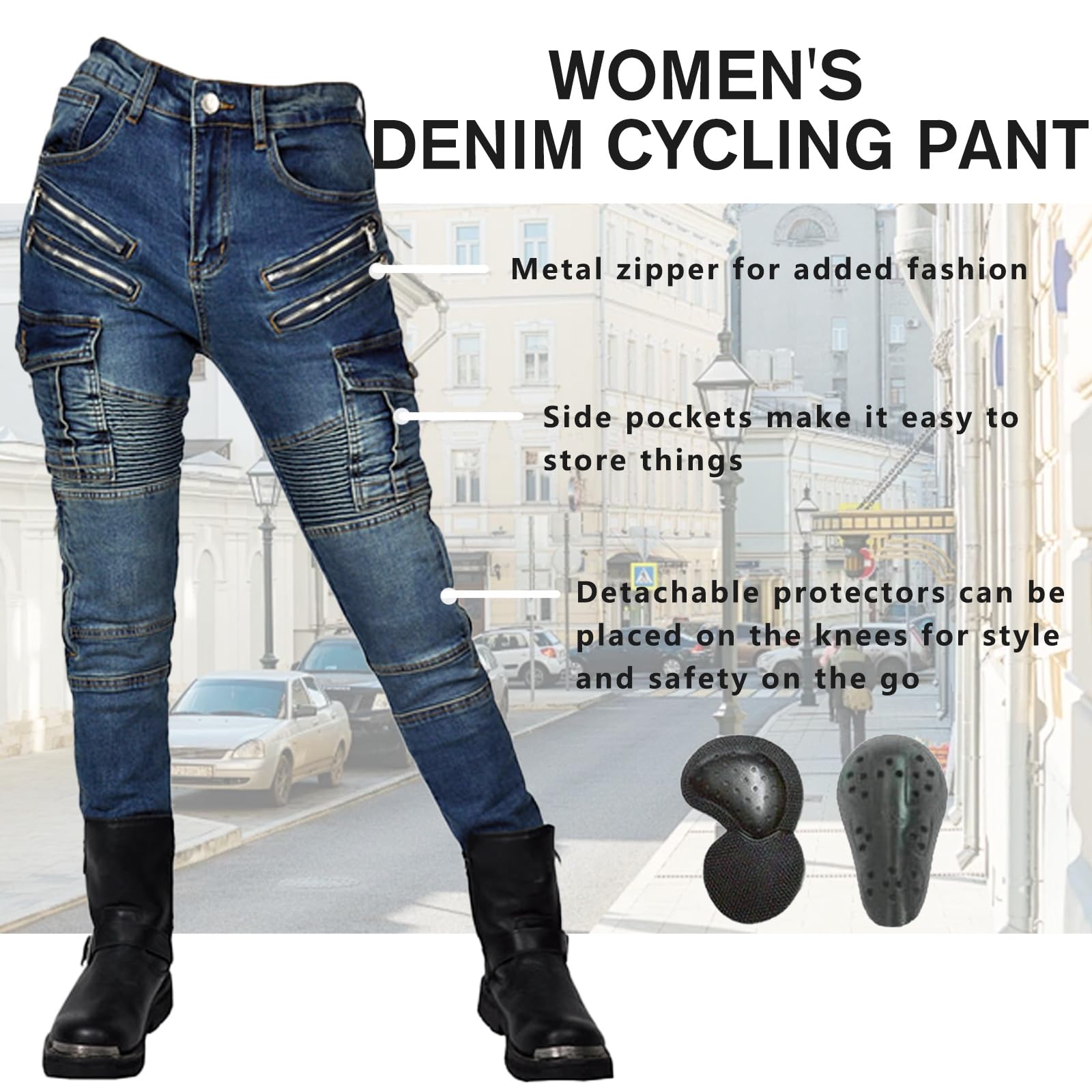 Donna Pantaloni da Moto Biker Jeans Protezione Motorcycle Pantaloni Rinforzato Slim Fit Armature Pants, 4 x Pad di Protezione (Blu,XXS)
