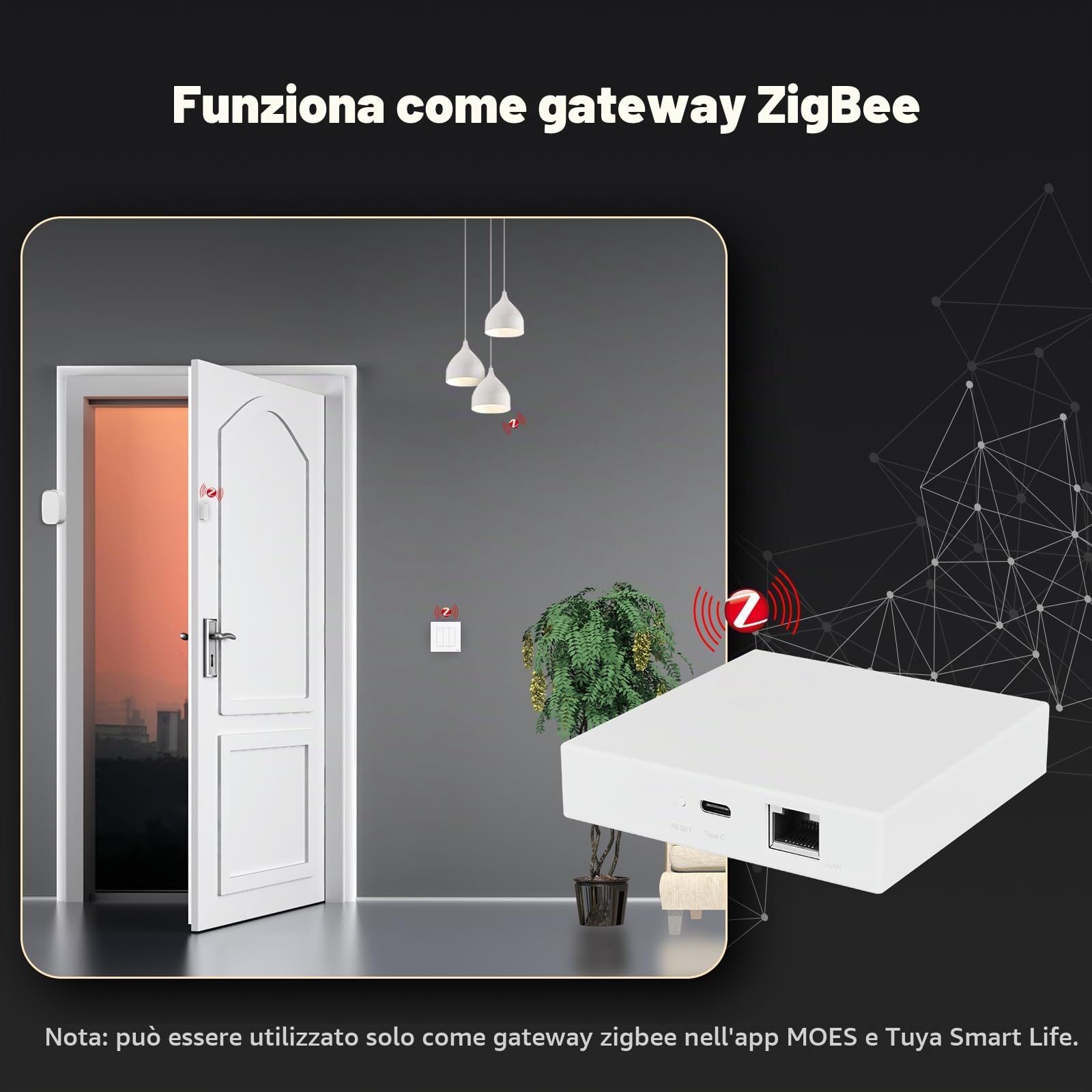 Gateway Matter con ZigBee 3.0 + WiFi 2.4G, APP TUYA Smart Life, Connessione LAN, 5V 1A, IP20, 90x90x22mm, Hub Domotica Casa Intelligente
