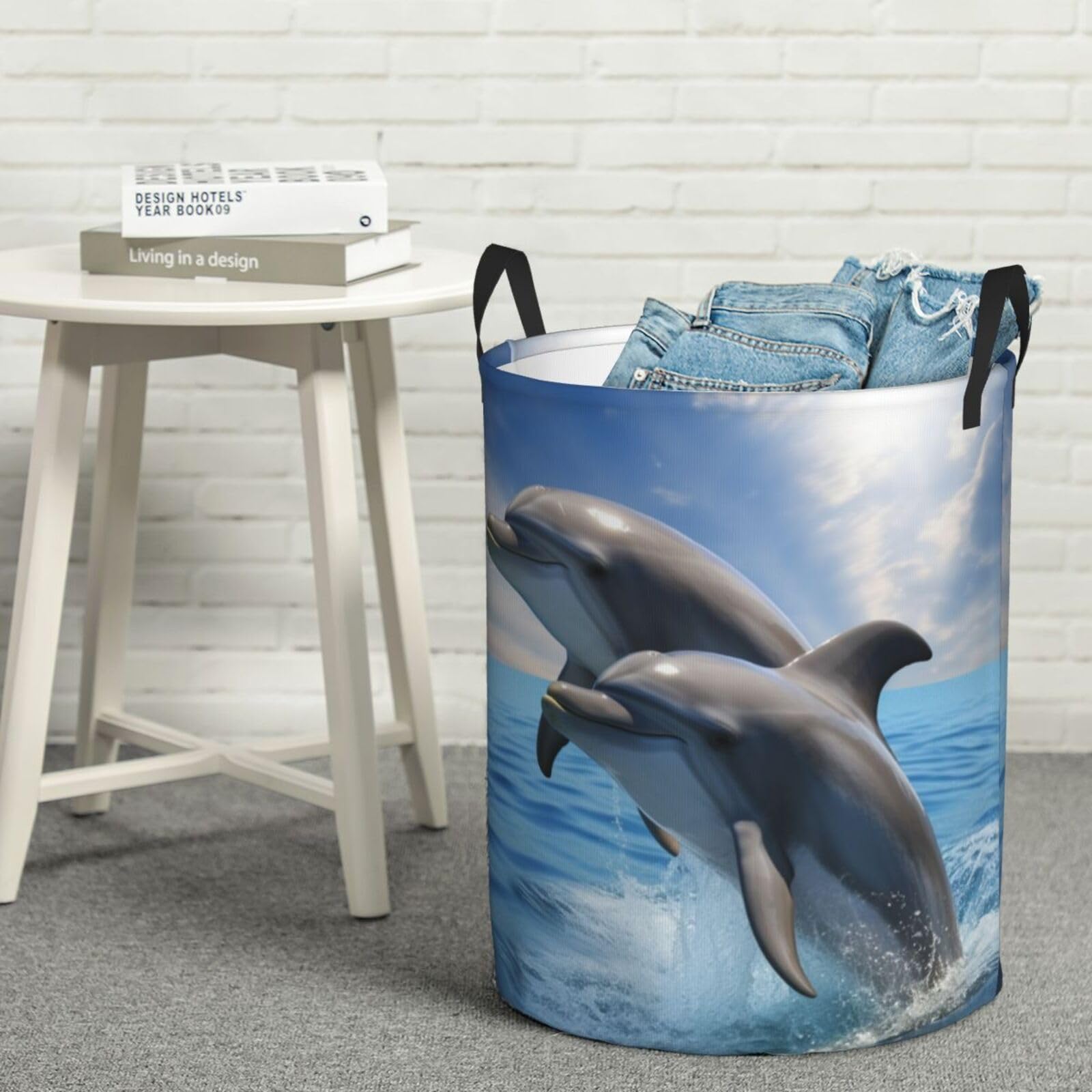 Fodpand Black Two Dolphins Laundry Basket With Handle, Freestanding Laundry Hamper, Collapsible Dirty Clothes Hamper, Waterproof Fabric Blanket Storage Basket Tall Toy Storage Bin Room Decor Medium