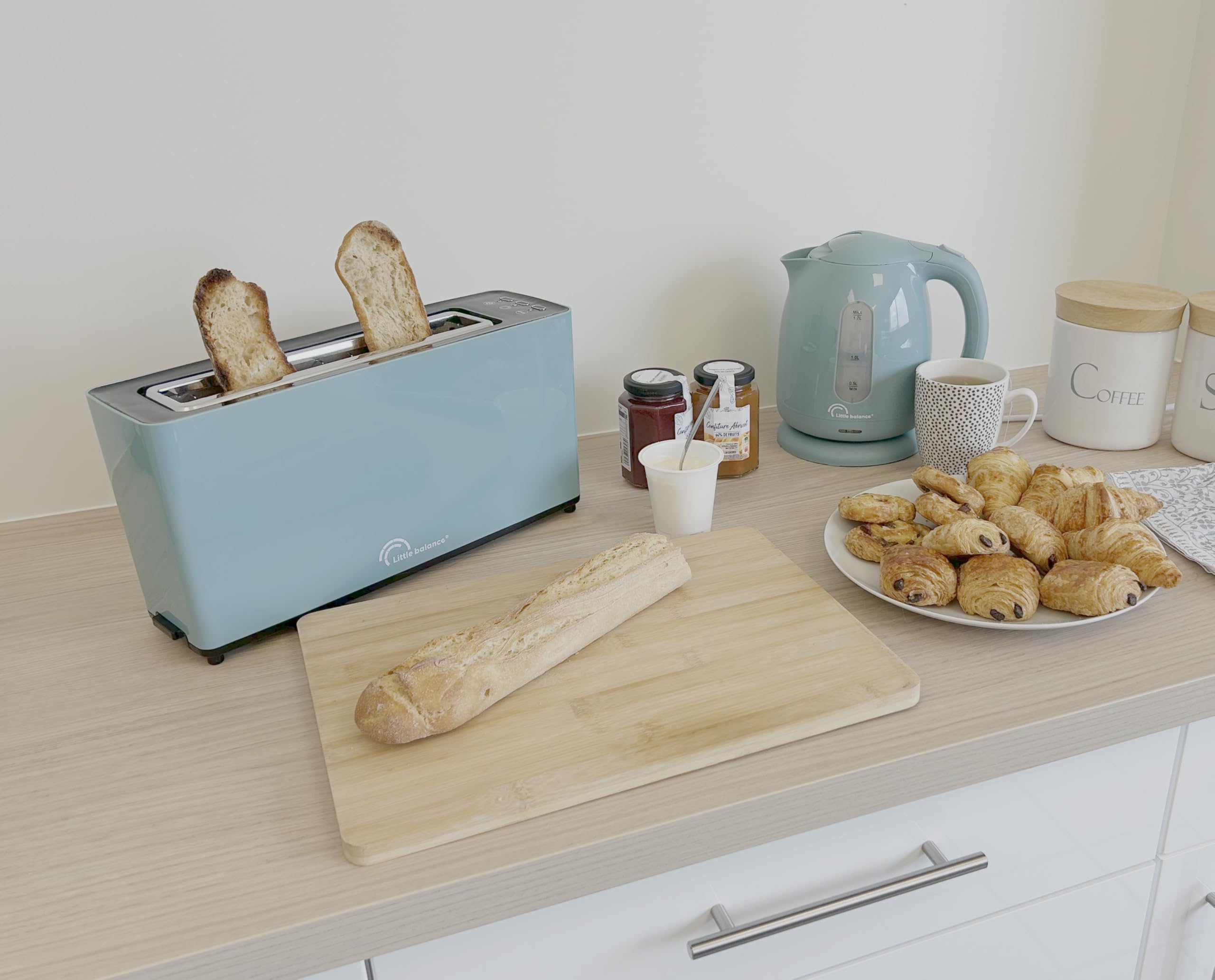 LITTLE BALANCE 8830 Happy Toast, Tostadora, 1 ranura larga, 1 rebanada baguette, termostato de 7 posiciones, descongelación, cajón recogedor de migas, 900 W, esmeralda