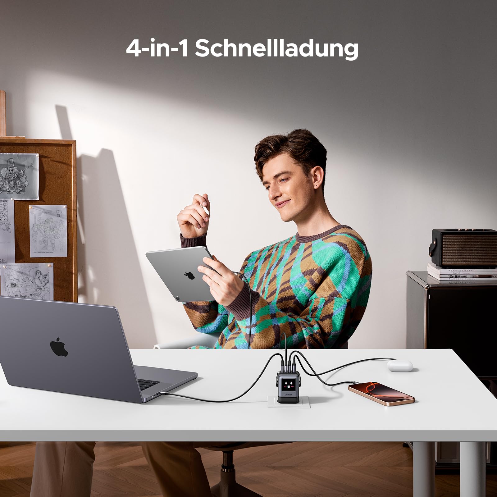 UGREEN UNO 100W USB C Ladegerät 4-Port, LED Display Robot Charger | Laptop Schnellladegerät, Echtzeit-Ladestatus mit UI-Emoji, kompatibel mit MacBook Pro/Air, iPad, iPhone,Galaxy S26,Steam Deck