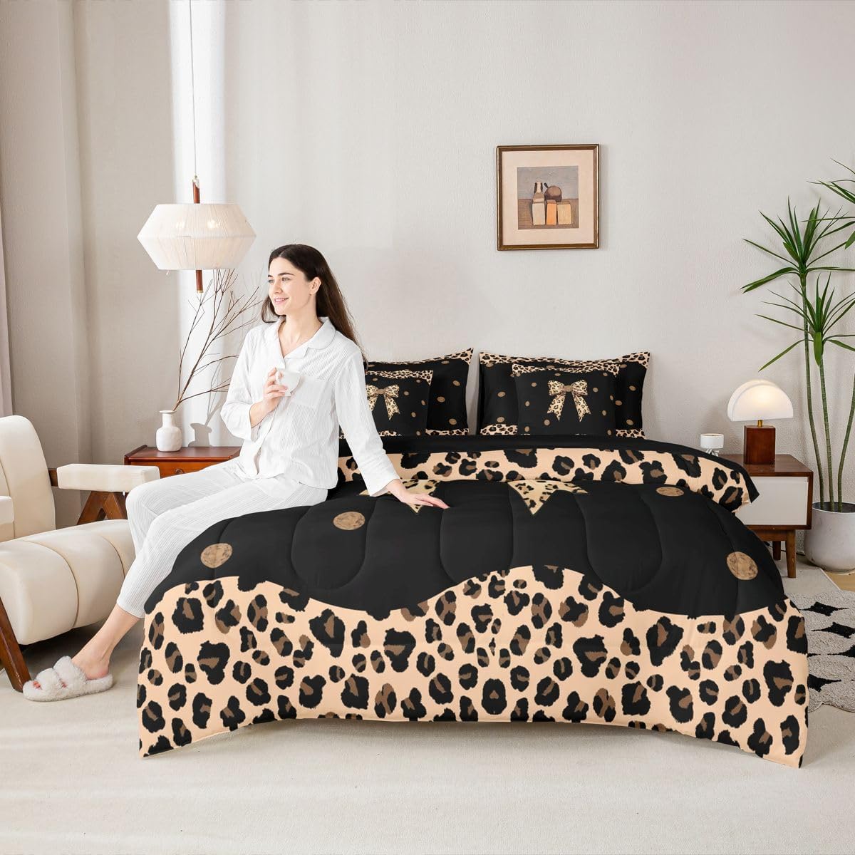 Feelyou Brown Leopard Bowknot Comforter Set with Sheets 7 Piece Queen Size Girls Princess Bow Bedding Set for Kids Boys Girls Cheetah Bed in a Bag Bow Tie Room Decor Soft Lightweight Microfiber