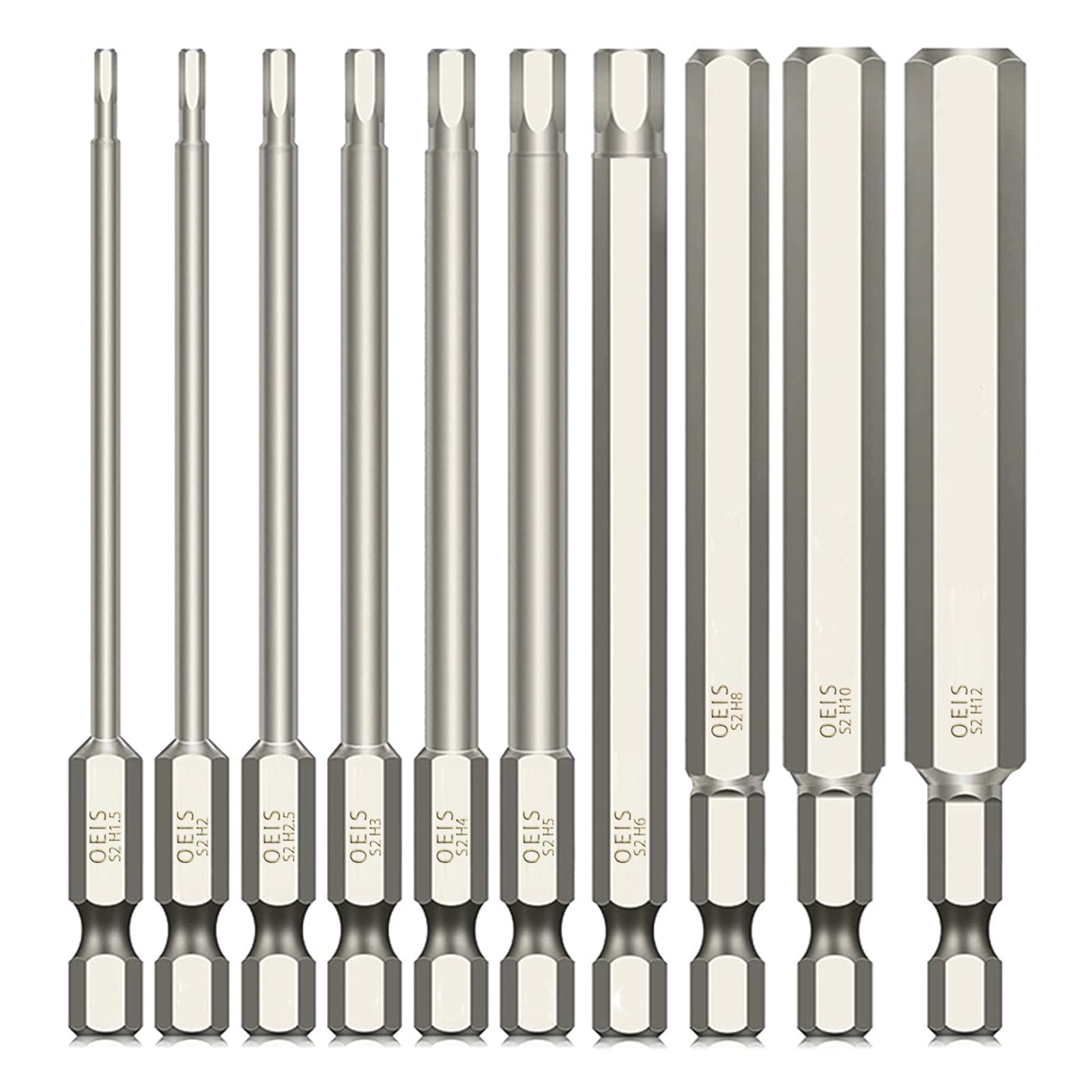 Silver & Style Zestaw bitów sześciokątnych, 3.9 in / 100 mm, długie, 10 sztuk, 0,06-0,5 cala (0.06 - 0.5 in / 1,5-12 mm), końcówki do kluczy udarowych (zestaw 10 szt.)