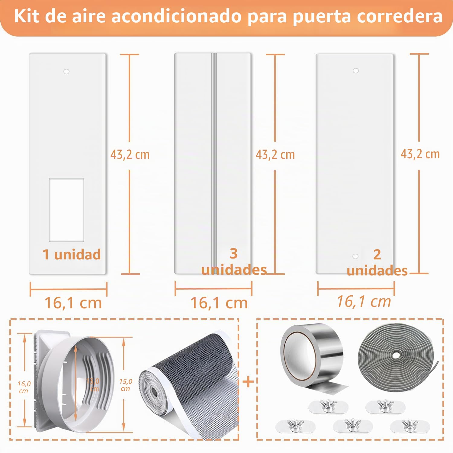 Junta de puerta Aozzy 240cm para aires acondicionados móviles con adaptador universal 13/15cm, filtro DIY de 1 m y junta para aires acondicionados/deshumidificadores en puertas/ventanas correderas