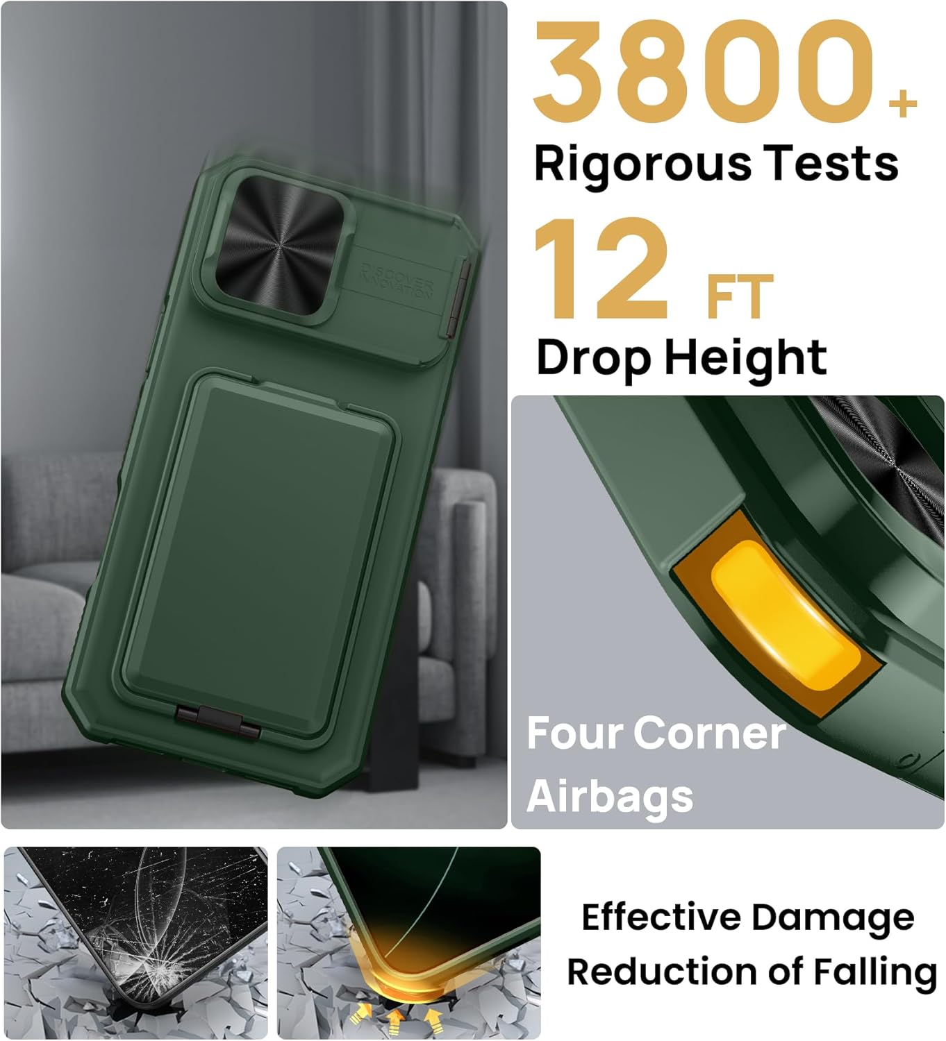 SSLOTSCASE for iPhone 17 Pro Case with Credit Card Holder & Kickstand & Sliding Camera Cover, Multi-Functional Stylish Wallet Military Grade Protection Rugged Phone Case Cover for iPhone 17 Pro, Green