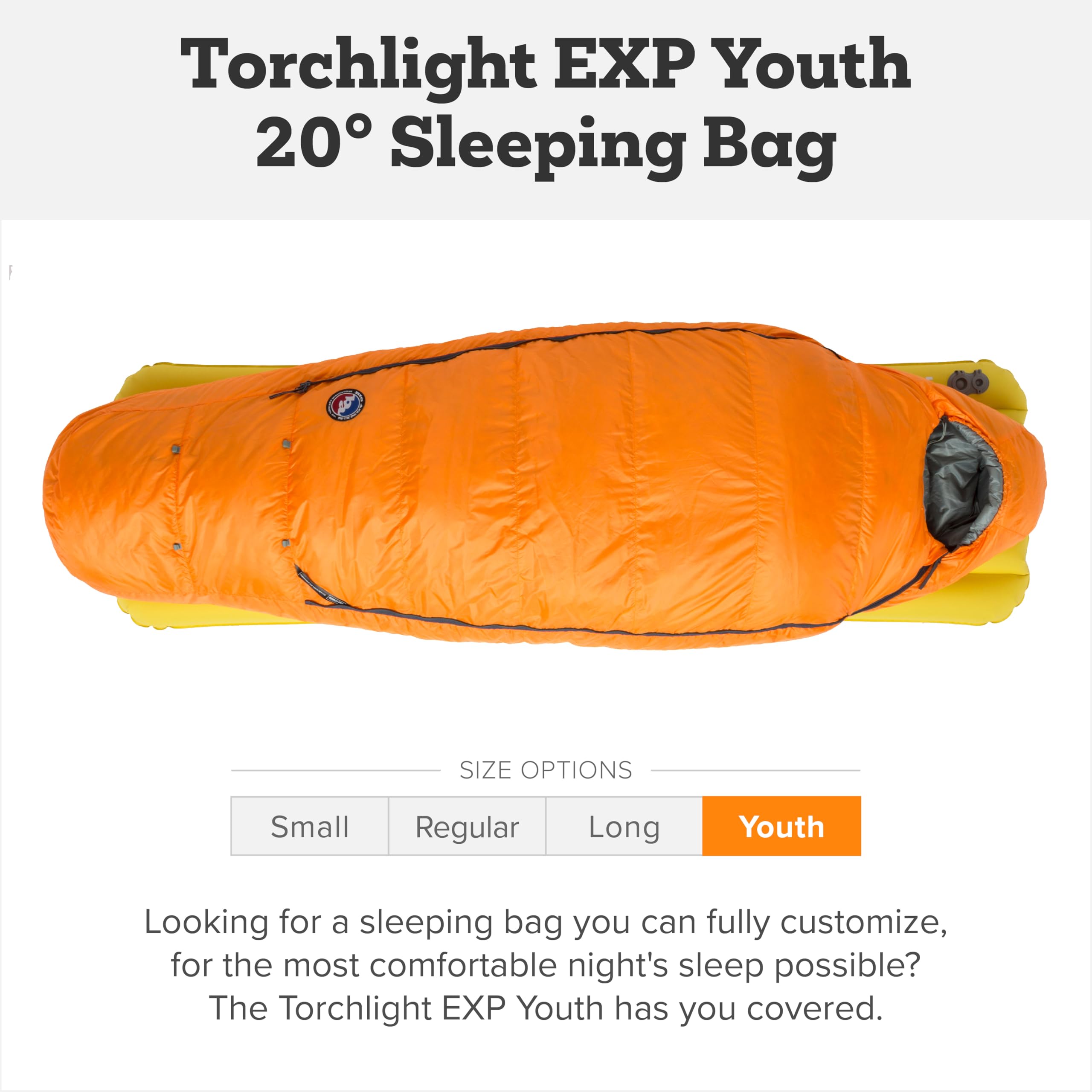 Big Agnes Torchlight EXP - 650 RDS DownTek Ultralight Sleeping Bag, Backpacking Gear, Compact Cold Weather Camping Mummy, 20 Degree, Youth - Left