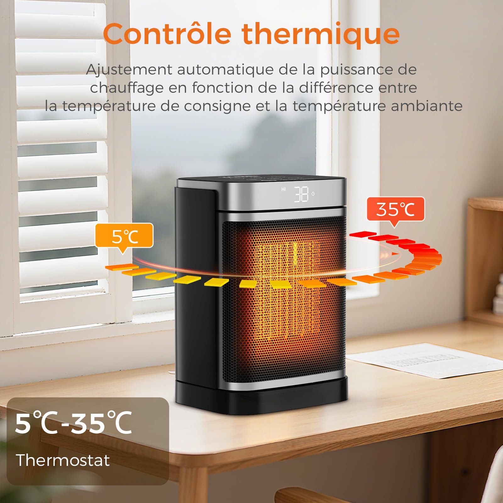 YASHE Chauffage d'appoint électrique, céramique PTC 1500W, Télécommande, Sécurité enfant, Protection anti-basculement et anti surchauffe, Minuterie 1-24 h, Mode ECO, Rectangle