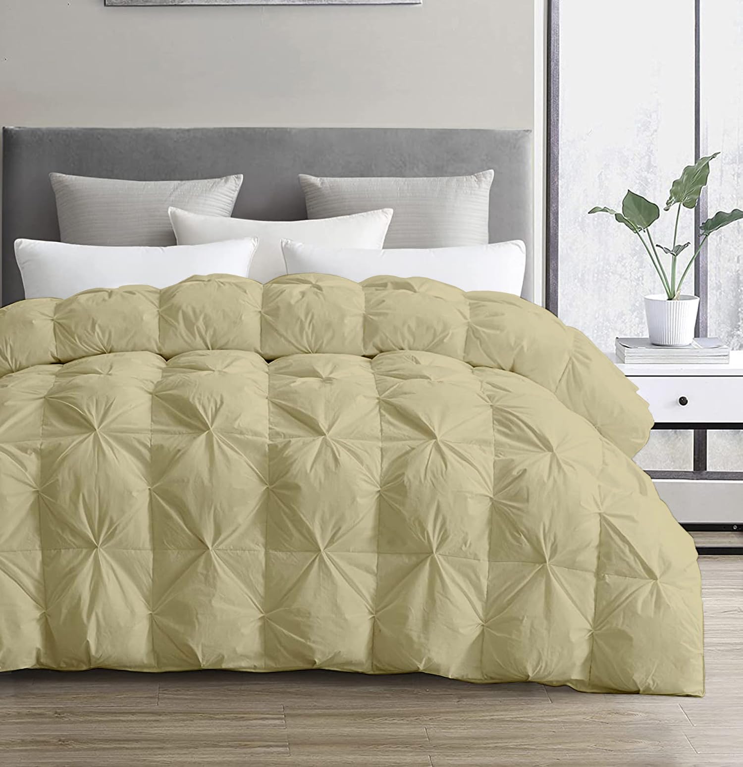 SLEEP-NEST Oversized King Comforter 128x120 Exquisite Pinch Pleat Design, Premium Baffle Box 1 Piece Down Alternative Comforters with 8 Tabs/Loops 400GSM-Box Stitched Extra Large, Desert Sand