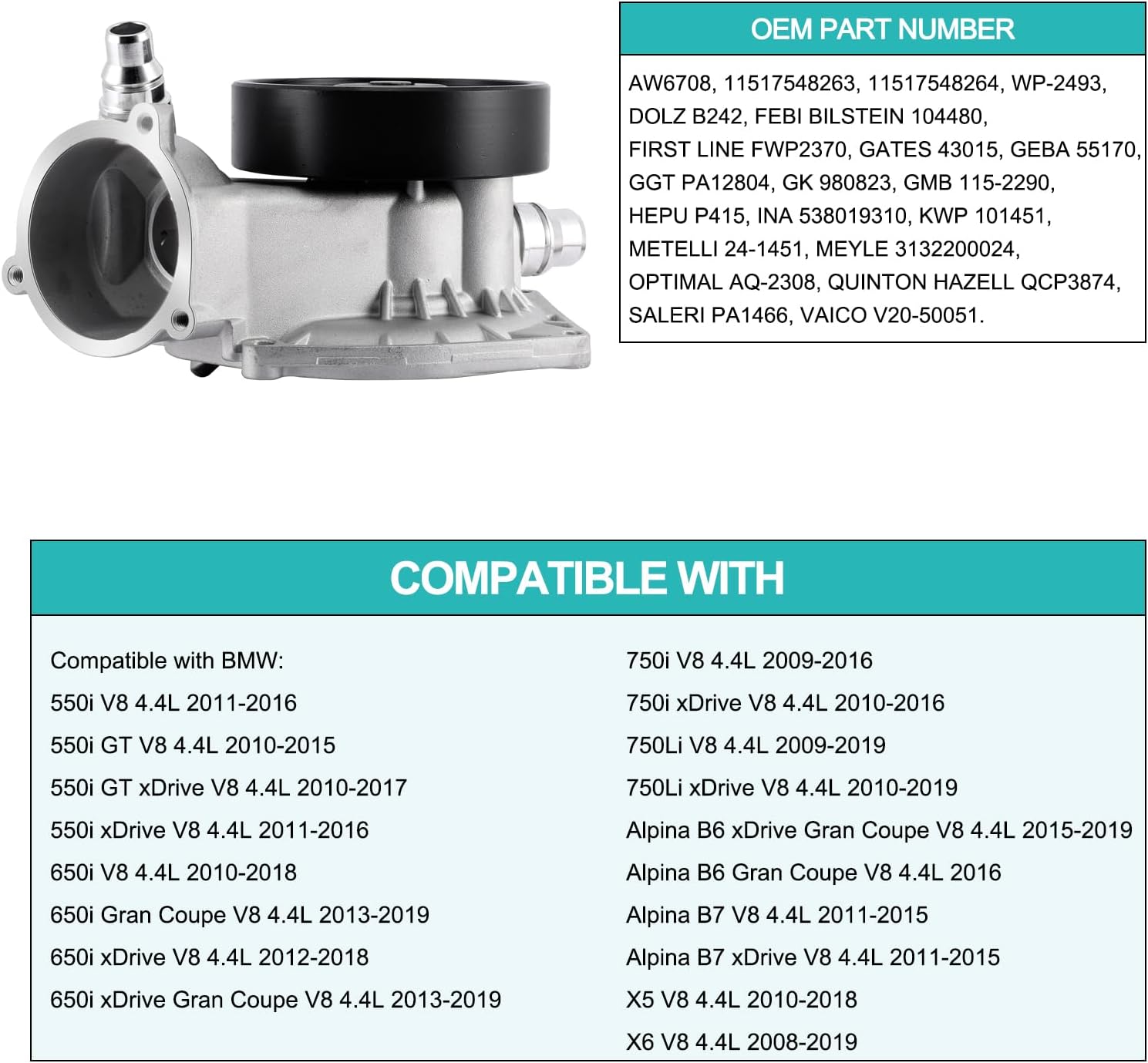 AULINK AW6708 Water Pump (4.4L V8) For BMW 550i GT xDrive 10-17,650i 2010-2018,650i xDrive Gran Coupe 2013-2019,750i xDrive 2009-2016,750Li xDrive 2009-2019,Alpina B6 2015-2019,Alpina B7L 2011-2013