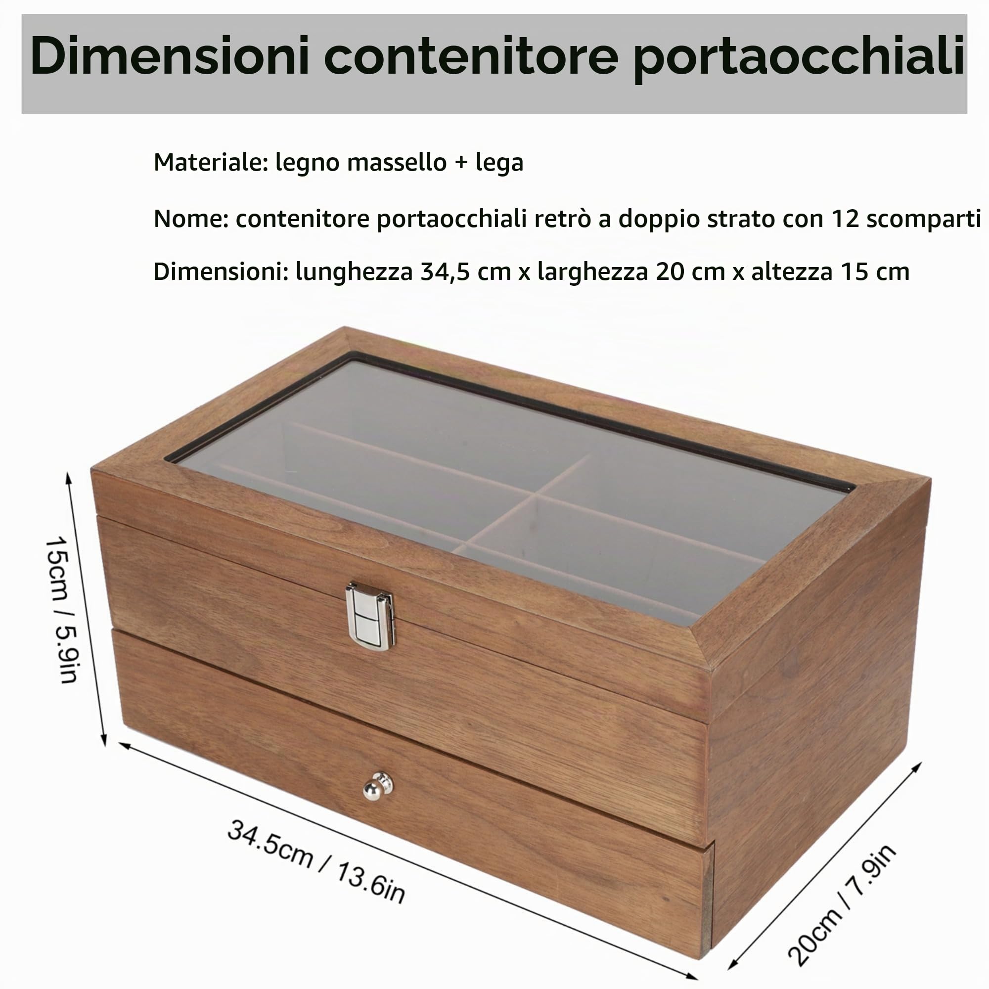 Yinhing Scatola per occhiali, scatola per occhiali da 12 slot Scatola per occhiali in legno a doppio strato Scatola per espositori Decorazione per esposizione e conservazione