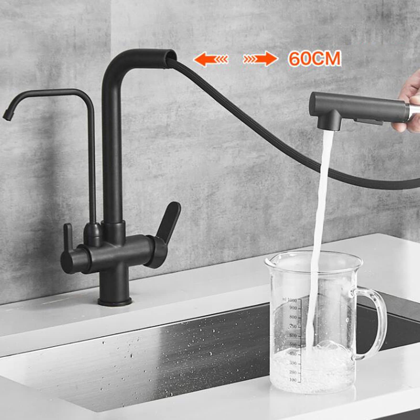 Robinet de Cuisine à 3 Voies avec douchette extractible, évier pivotant en Laiton Noir
