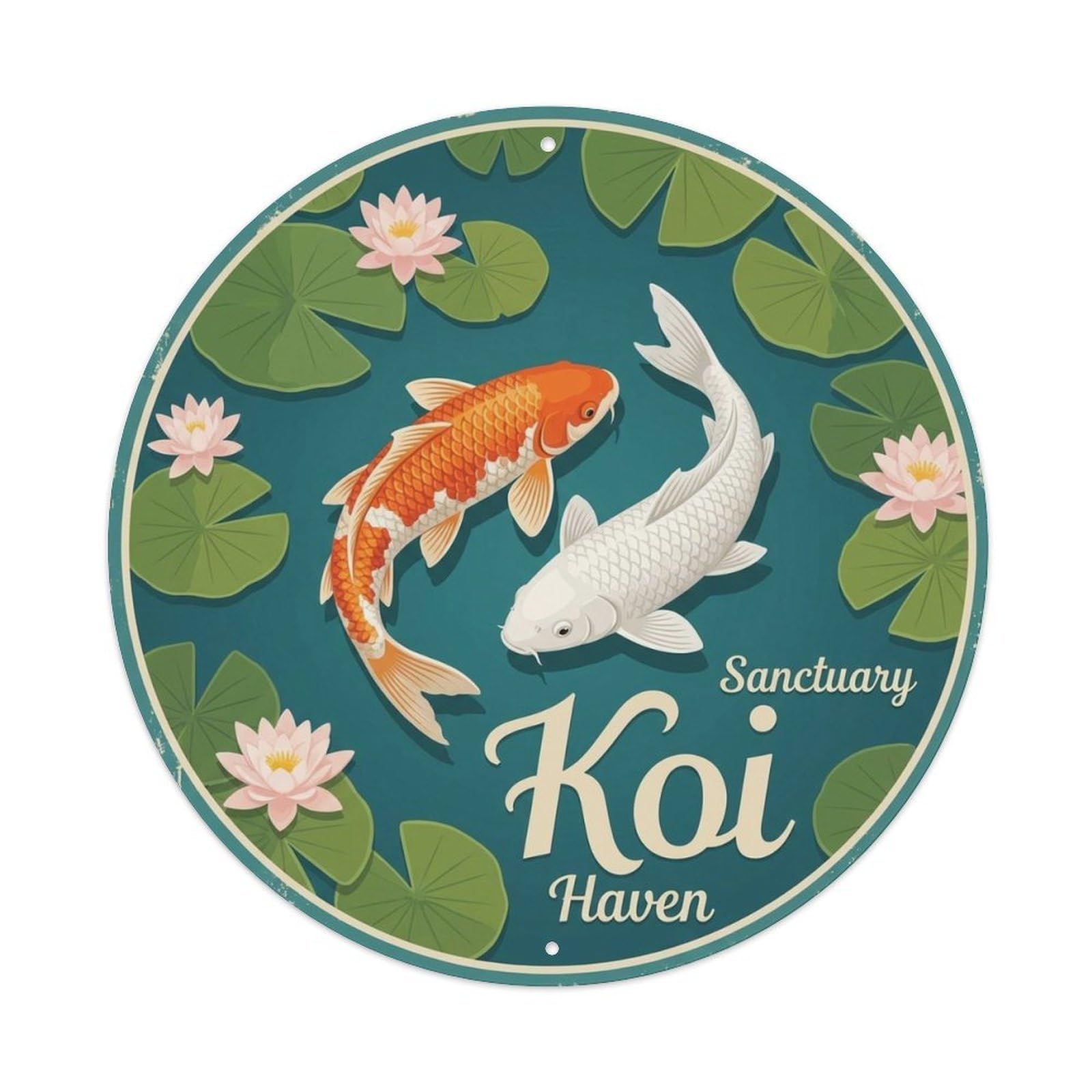 Koi Carp Sanctuary Water Garden Japanese Metal Tin Sign Plaque Wall Decor for Cafe, Man Cave, Club Bar, Office, Home Garden Round Metal Poster 8x8Inch