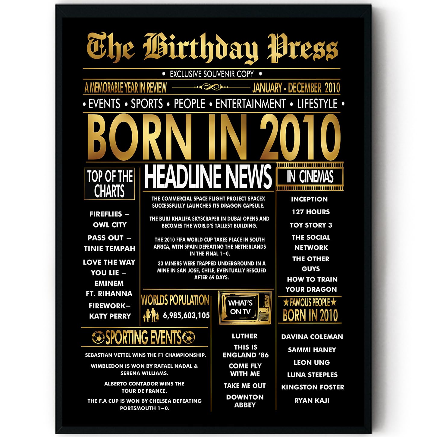 Stuff4 Boys 2010 Gold 16Th Birthday Poster Framed - Golden Born In Newspaper - Happy 16 Birthday For Girls Retro Vintage Gifts Back In 8X10 Inch Bday Party Decor Decoration