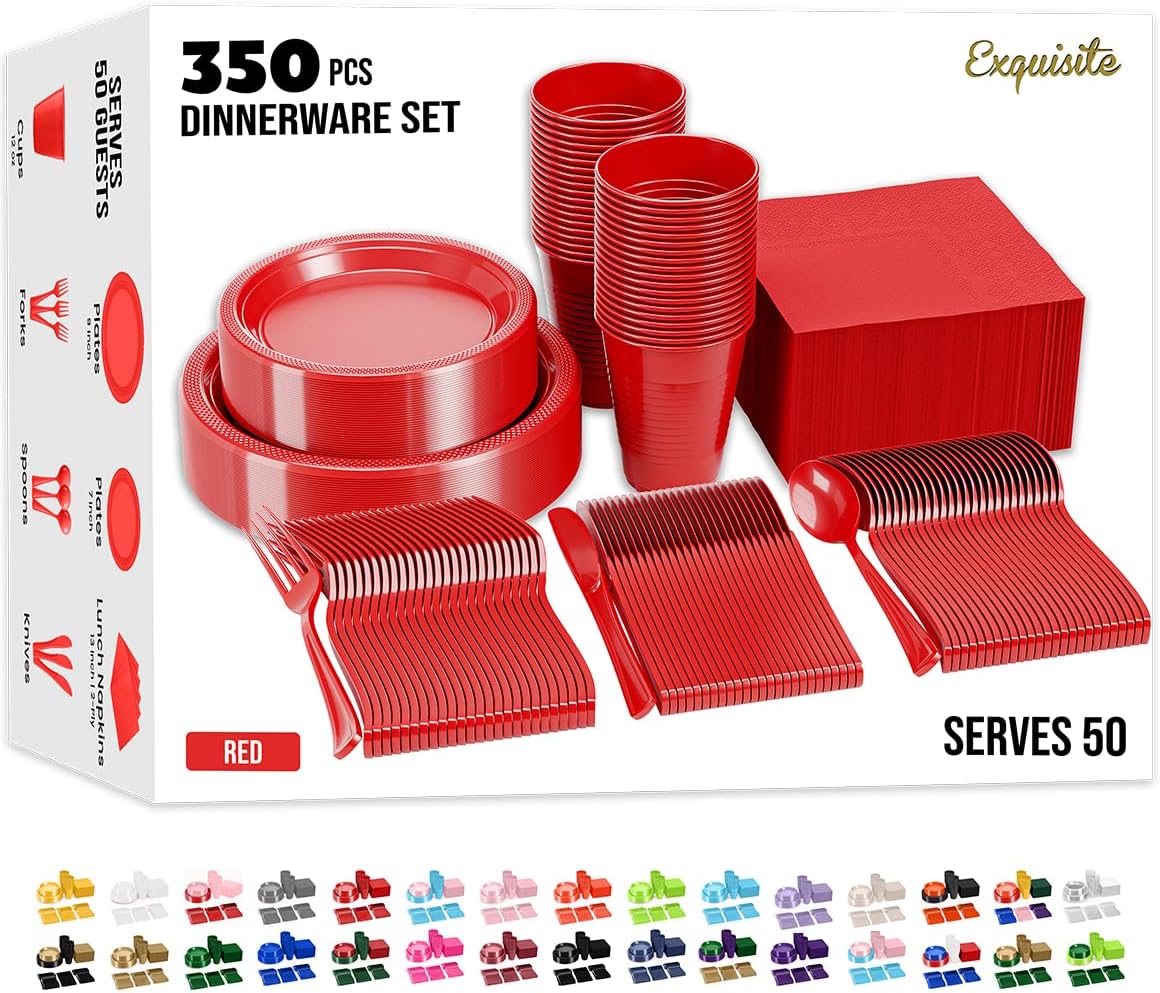 350 Pcs Red Plastic Plates For Party, Red Disposable Plates Set, 50 Of Each 9" Dinner Plate Set, 7" Dessert Plate, Cups, Napkins & Cutlery Plastic Dinnerware Set Exquisite