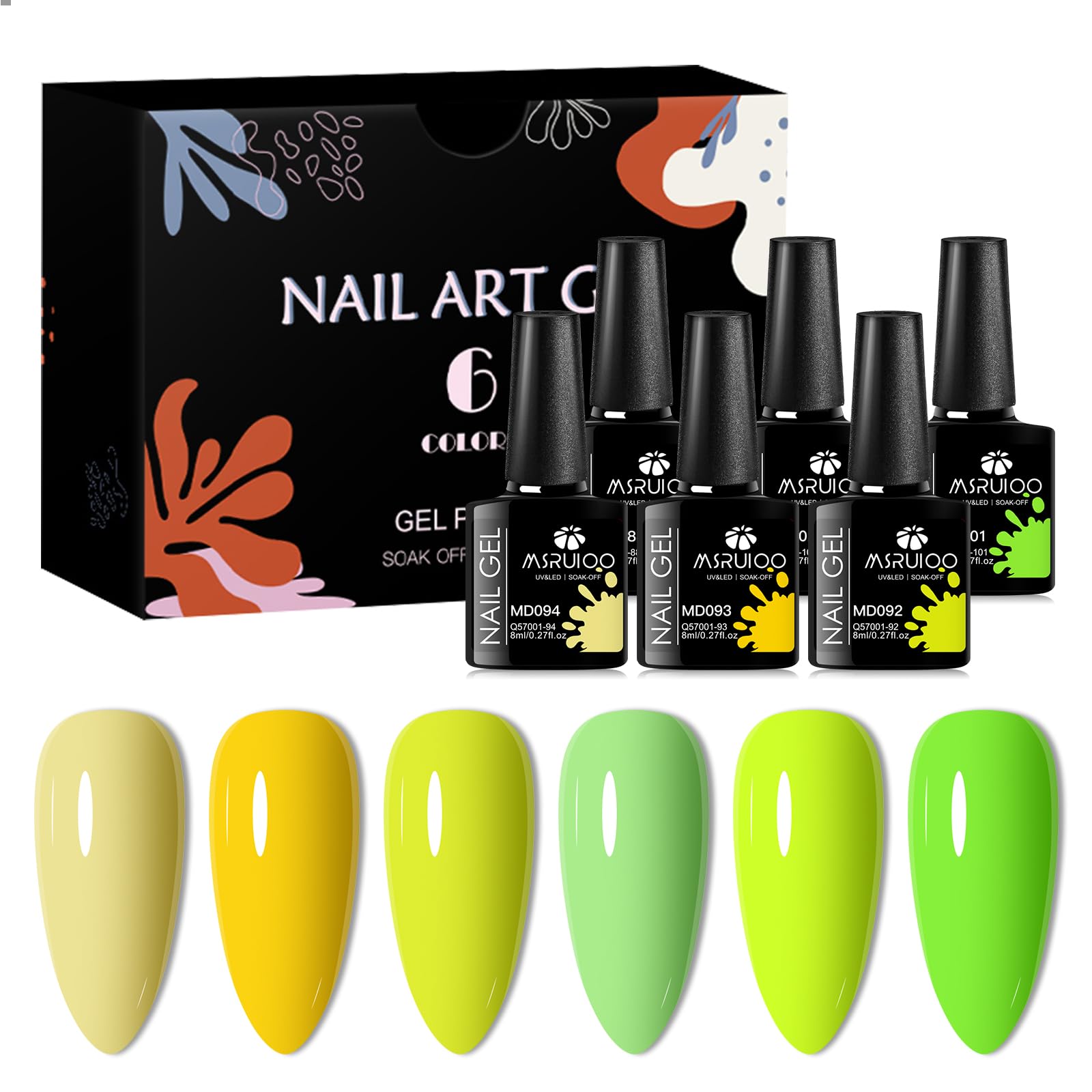 MSRUIOO Neon Green Gel Nail Polish Set 6 Colors Nude Gel Polish Set Bright Green Spring Summer Yellow Lime Gel Soak Off UV LED Diy Manicure Kit for