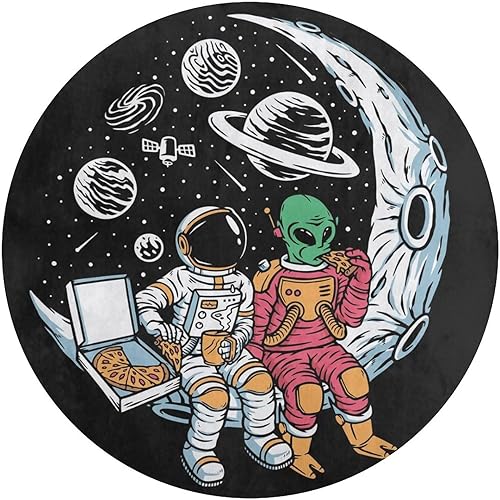 Miniatura 3 de HoaMoya Divertida alfombra redonda de astronauta alienígena, alfombra circular circular con luna, alfombra circular antideslizante para cocina, sala