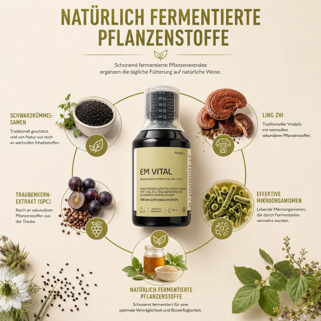 EM Vital Katze 250 ml - Premium Probiotika für Katzen Flüssig – zur Unterstützung der Darmflora – Fermentierte Pflanzenstoffe mit Mikroorganismen – Ohne Zusatzstoffe - Made in Germany