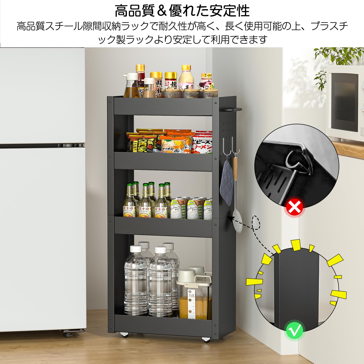 Amazon.co.jp: キッチンワゴン キャスター付き 隙間収納 幅20cm 4段