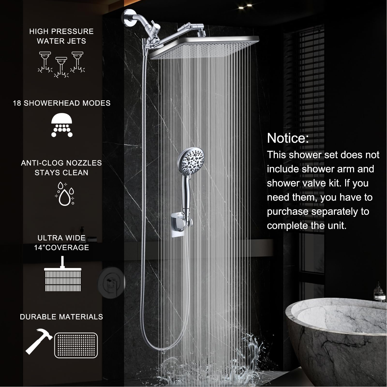 BSTHAONE Rain Shower Head Combo-14''Rainfall ShowerHead,8 Modes Handheld with ON/OFF Pause Switch, Double High Pressure Shower heads with Hose,Adjustable and detachable for Couple and Kids