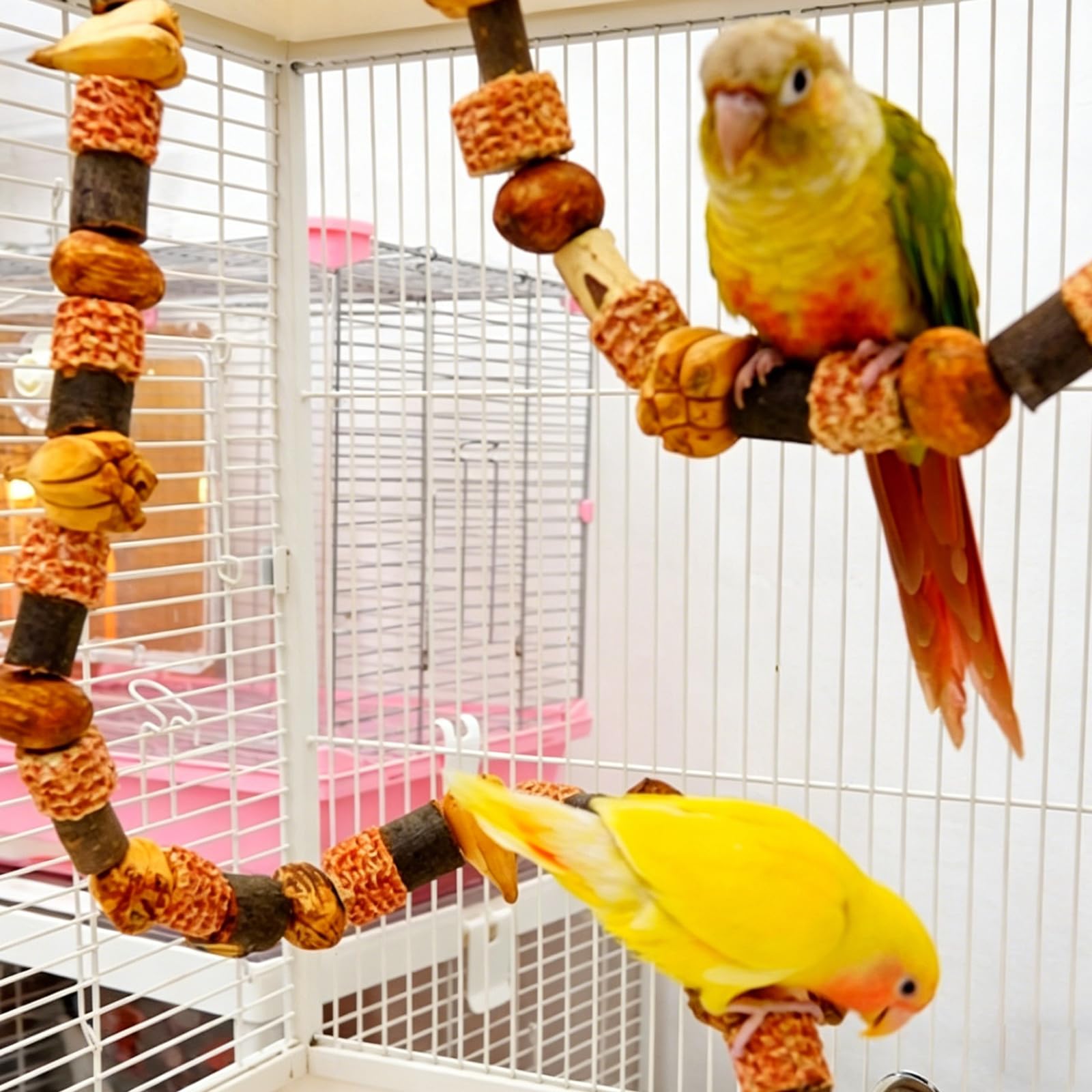 Giocattolo per pappagallo ondulato, 80 cm, accessorio per gabbia per uccelli, scala in multimateriali (pannocchia, legno di mango, ananas, legno di pesca, legno di mela), divertimento per pappagallo e