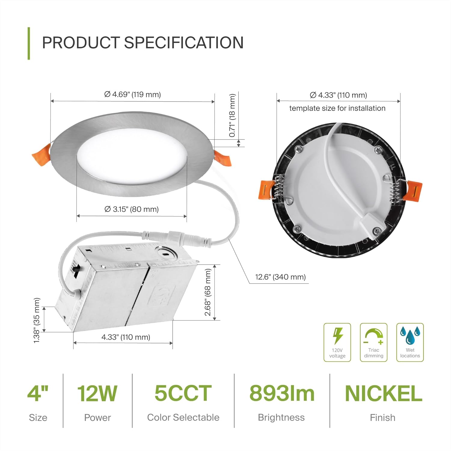 ASD 6 Pack LED Recessed Lighting 4 Inch 12W, 5 CCT 2700K-5000K CRI90+, IC Rated Ultra Thin Dimmable Ceiling Lights with J Box, Canless Wafer Downlight, Round Slim Panel Light, UL Listed, Nickel