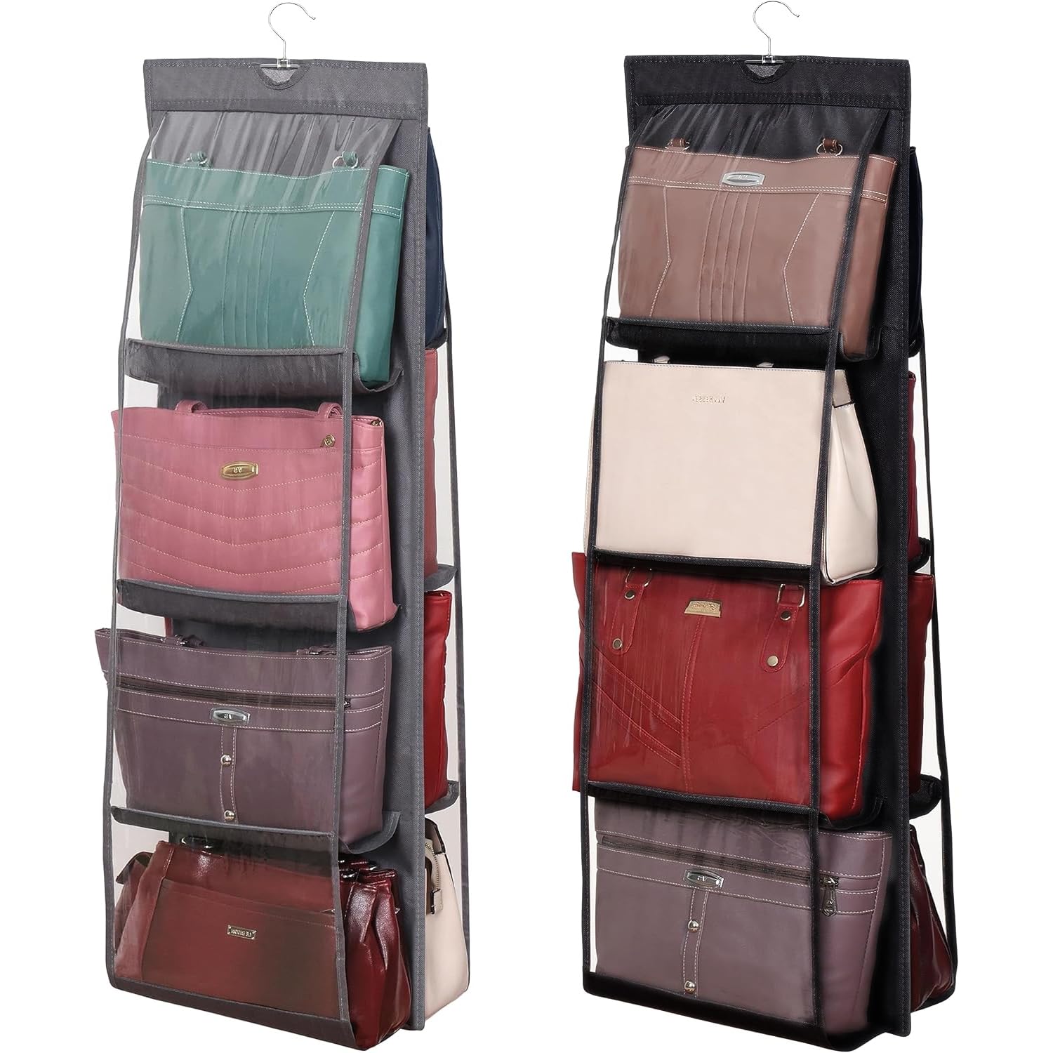 YUNYU Pack of 2 Hanging Bag Storage - Handbag Organiser with 8 Clear Compartments and Strong Hook - for Wardrobe/Drawers (Black + Grey), 35 x 110 cm
