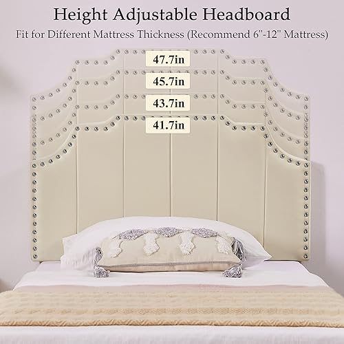 Miniatura 39 de VECELO Base de cama tamaño Queen tapizada con cabecera ajustable copetuda/base de colchón con soporte de listones de madera, fácil montaje, azul