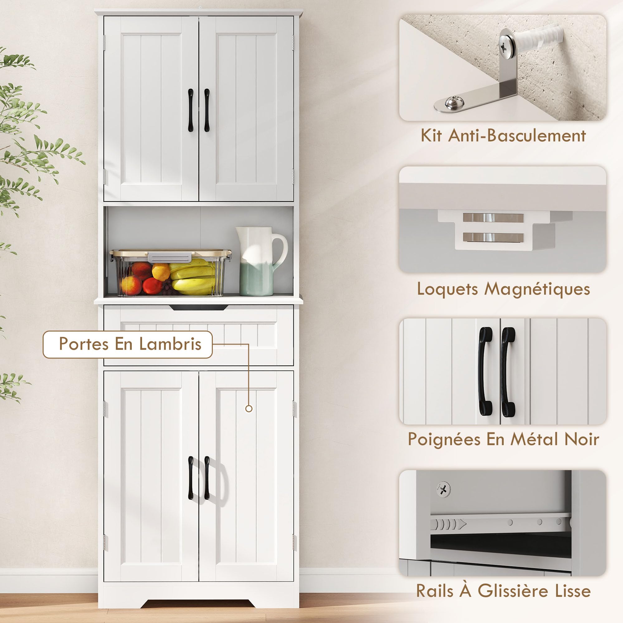 HOMCOM Buffet Haut Cuisine Armoire de Cuisine, 60 x 30 x 172 cm, Blanc | Vaisselier, 4 Portes, Tiroir, Compartiment Ouvert, Étagères Réglables, Meuble Rangement Salon, Salle à Manger