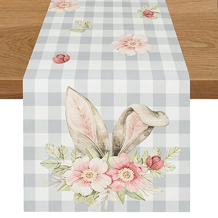 Easter Bunny Flower Table Runner 72 Inches Long Buffalo Plaid Spring Dining Table Decoration for Kitchen Holiday Wedding Party Indoor Outdoor Decor