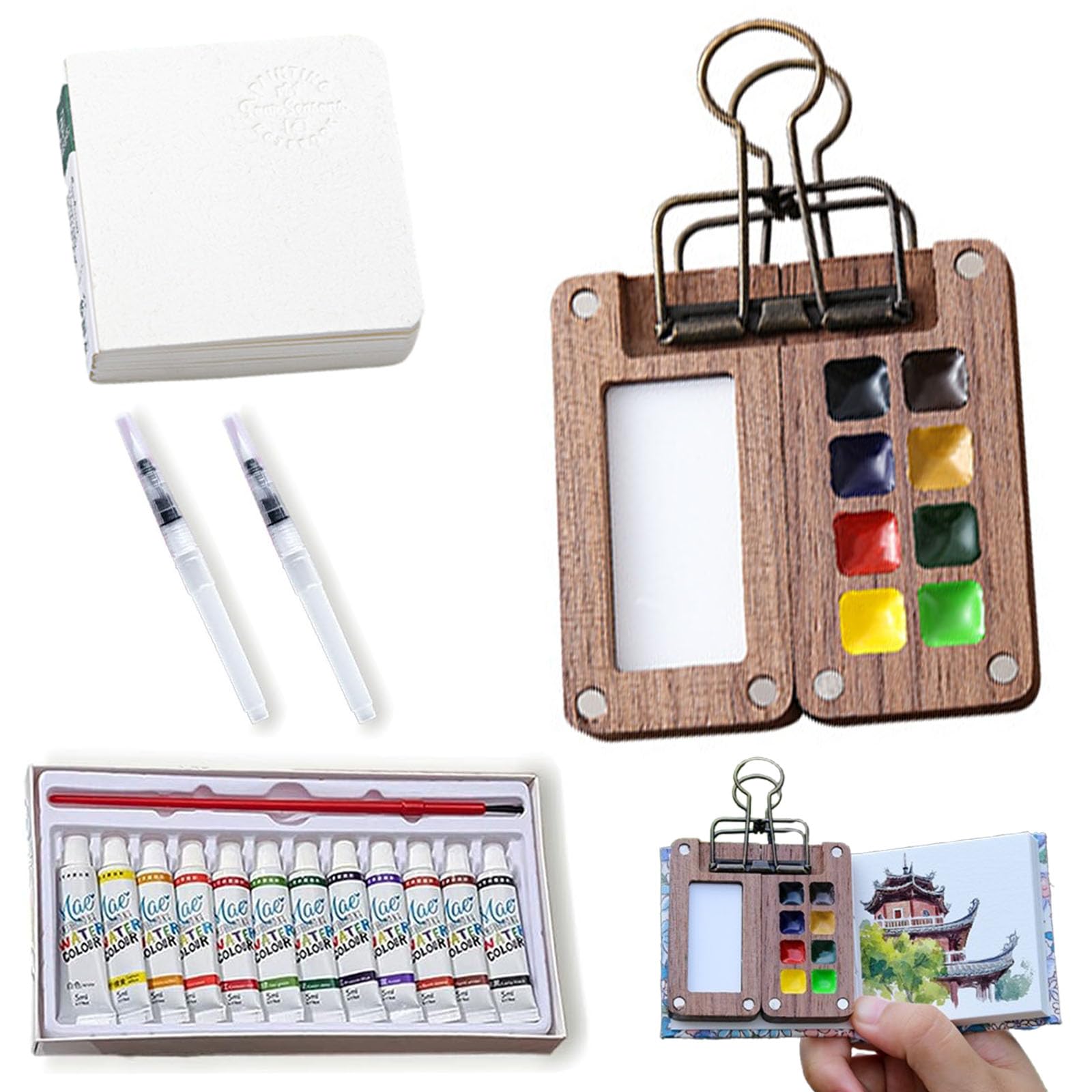 Nano Palette Watercolor, Nanopalette Water Painting with Mini Paper Booklet and Paint, Portable Pocket Artist Watercolor Travel Set, Detachable Mini Watercolor Paint Set DIY Kit (Walnut 8 Grids)