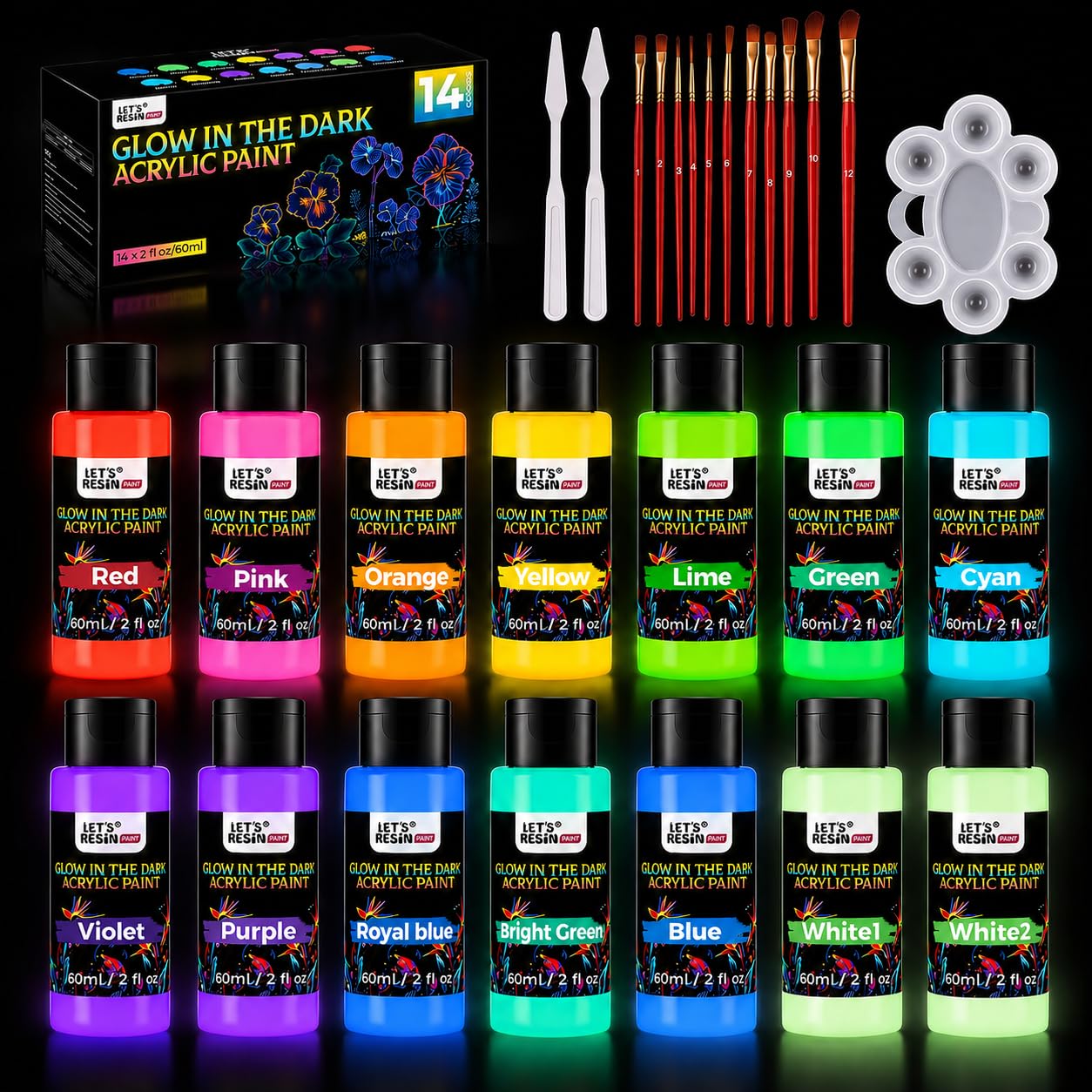 14 Colors Glow in the Dark Acrylic Paint (60ml/2oz),Neon Craft Paint | Blacklight Paint S…