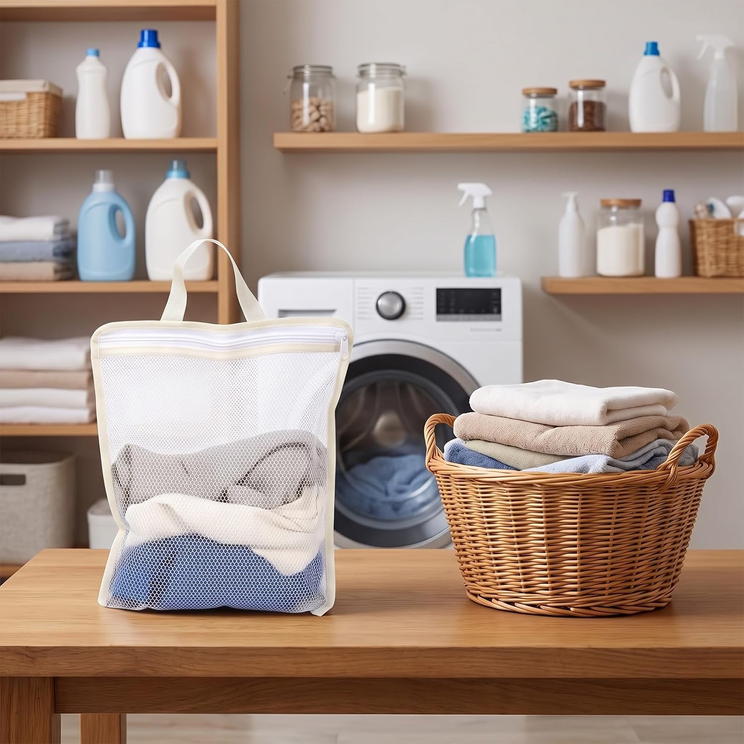 5 Pcs Hanging Laundry Bag with S Hooks 12.6 X 11 Inch Mesh Wash Bag