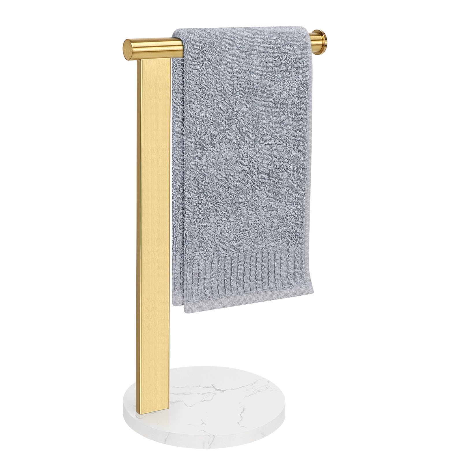 Toallero para toallas de mano para baño, toallero de pie en forma de L, organizador de encimera de tocador o cocina, material de acero inoxidable SUS304, base de mármol, dorado
