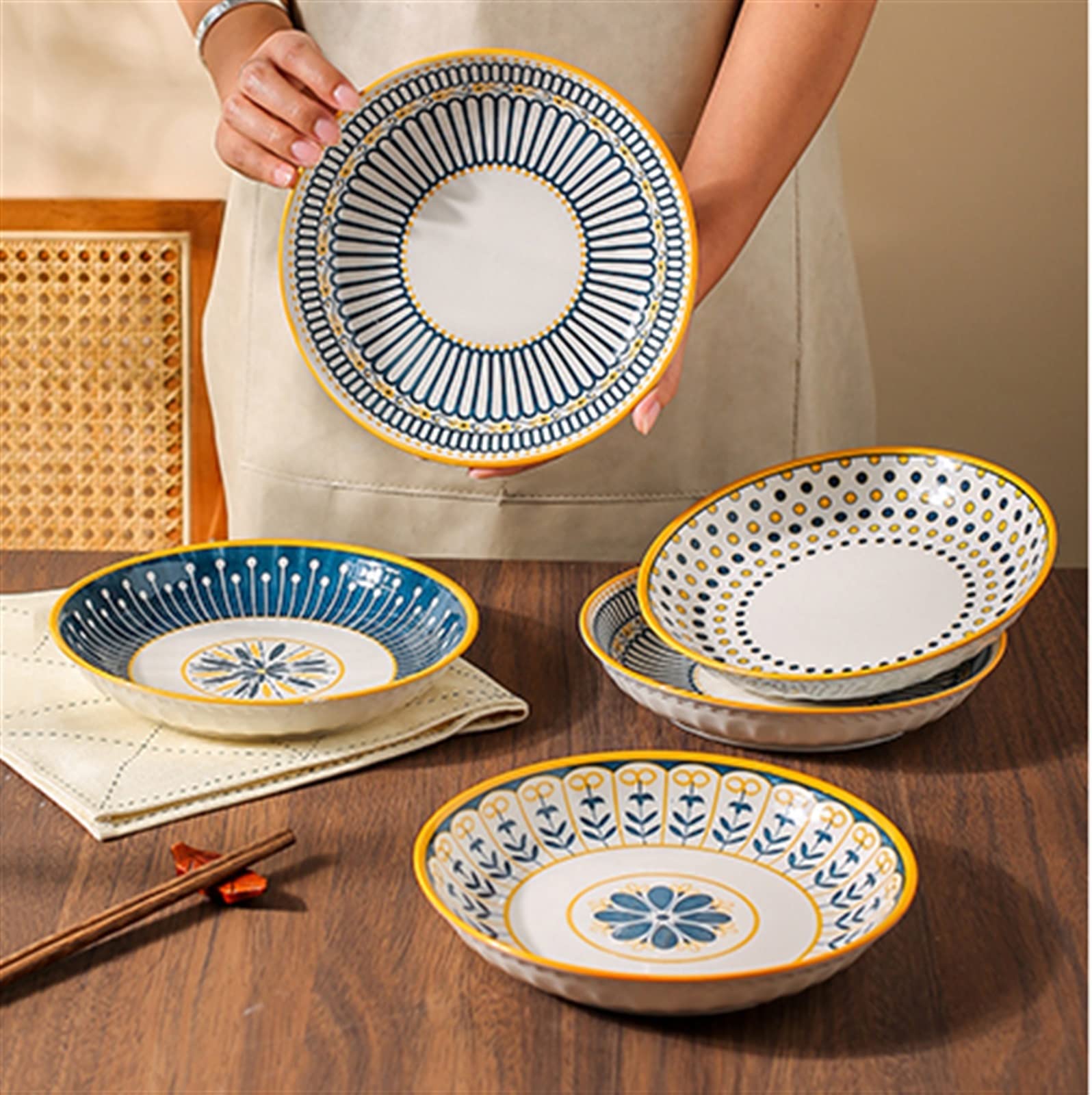 Pastaschalen Speiseteller Keramikteller, Haushaltsscheibe, Küche, Speiseteller, rundes Besteck, Vintage-Dessertteller, einfacher flacher Teller, Einzelpackung, Viererpackung Essteller(E)