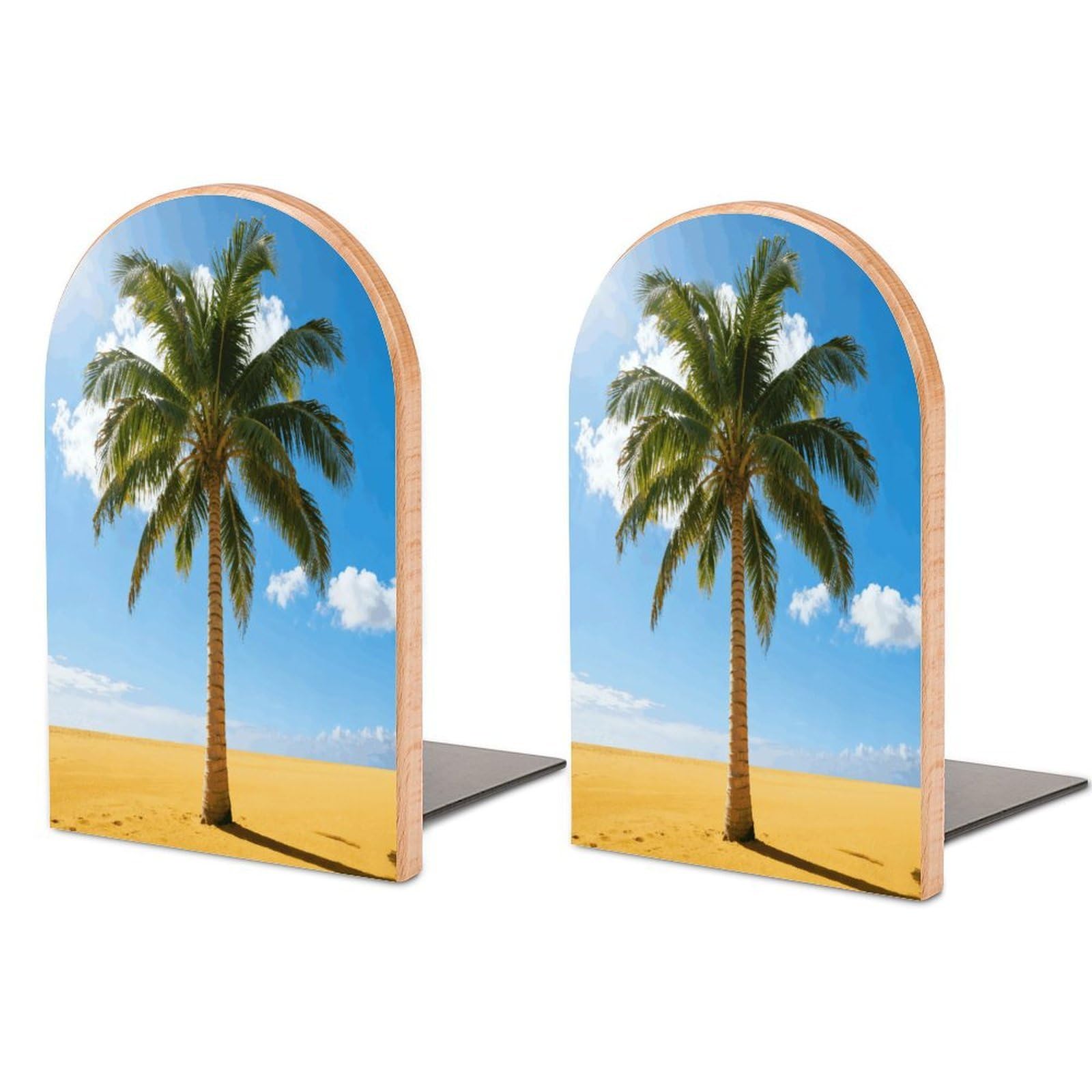 Palm Tree Book Ends Wood Non-Skid Bookend for Shelves Heavy Duty Bookends with Metal Base Decorative Books Stopper Desk Organizers Book Dividers for Office Home 1 Pair