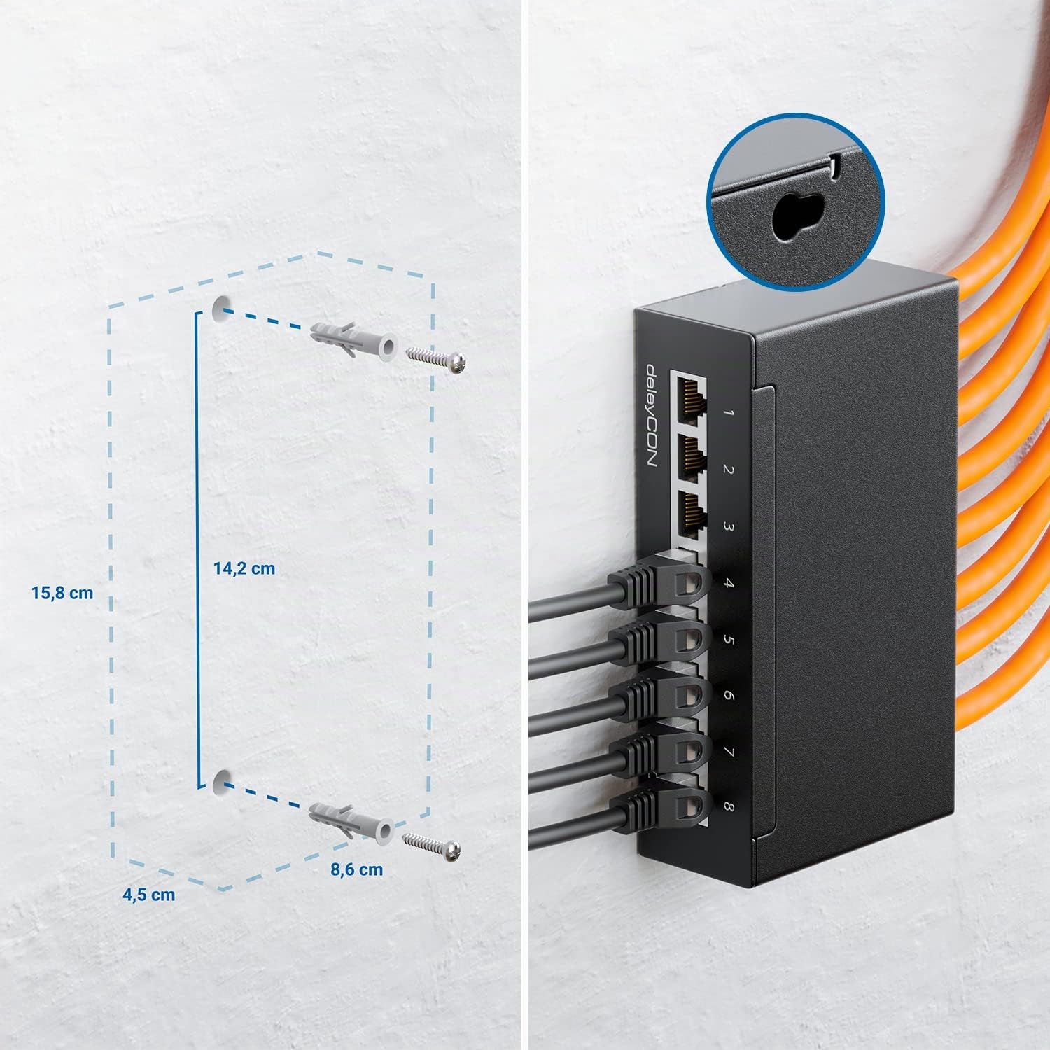 deleyCON CAT 6a Panneau de Brassage Panneau de Distribution 8 Ports 1 UH Desktop & Mural Blindé 8x Prise RJ45 LAN Câble D'installation Réseau TIA568A TIA568B RAL 9005 Noir