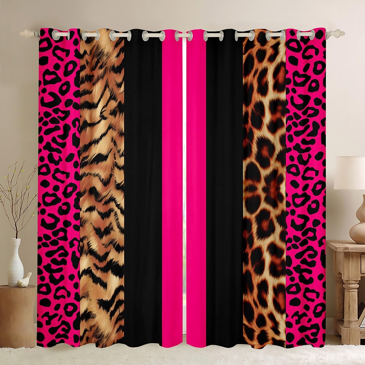 Loussiesd Leopard Fur Print Curtains for Bedroom Living Room Boys Girls Cheetah Blackout Curtains (2 Panels, W52*L63) Animals Hot Pink Black Darkening Dreapes Decor Safari Window Treatments Zebra
