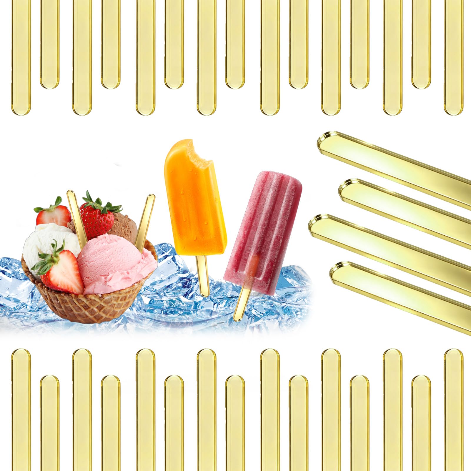 Reusable Acrylic Cakesicle Sticks, 30 Pcs Gold Popsicle Sticks Candy Popsicle Cake Molds Popsicle Making Accessories for Party Cakes Homemade Ice Cream DIY Desserts Crafts Art Gold