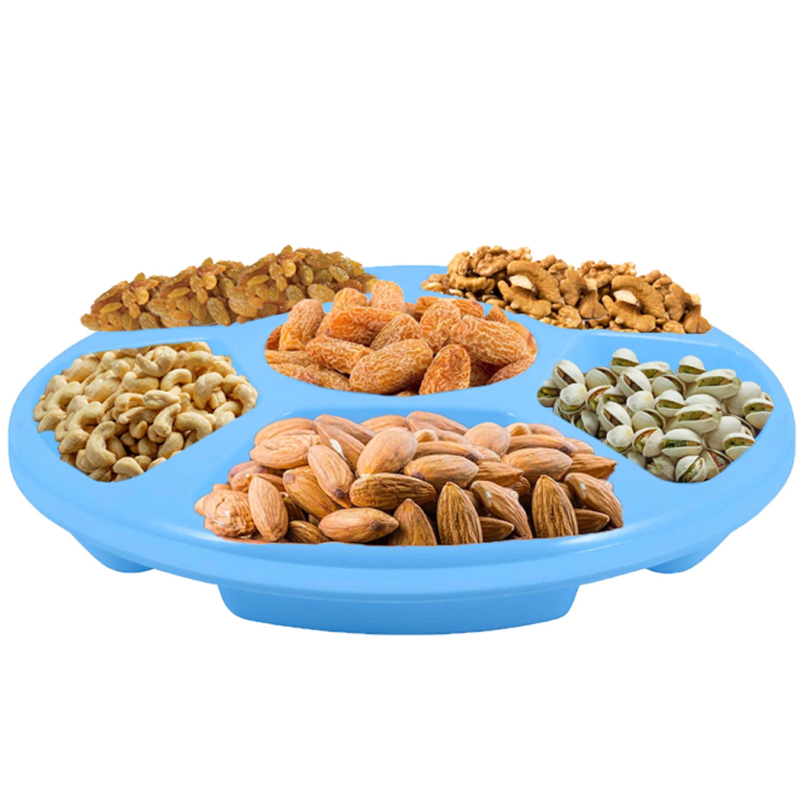 HOMESHOPA Plastic Compartment Trays, 1 Pack Lightweight Reusable Serving Platters for Parties, Compartment Appetizer Platter, Round Divided 6 Section Food Catering Trays for Snacks Fruits Nuts, Blue