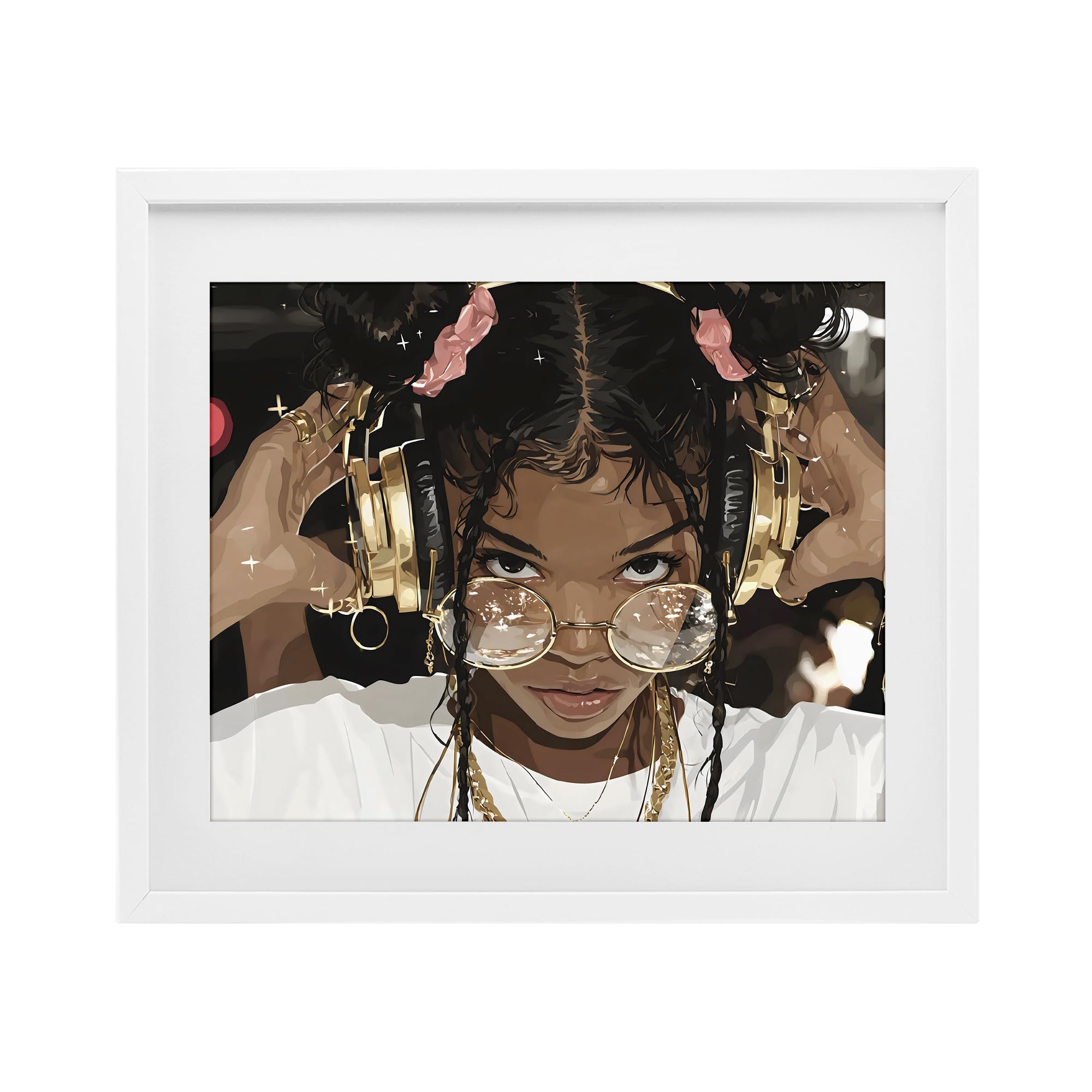 Affiche encadrée « Trendy Girl with Gold Headphones, 43,2 x 53,3 cm » sous