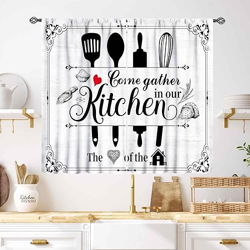 Miniatura 42 de Cortinas Rústicas de Cocina, Tenedor Cuchara Retro Tablón de Madera Granja País Tema de Cocina Citas Divertidas Tratamiento de Ventana para